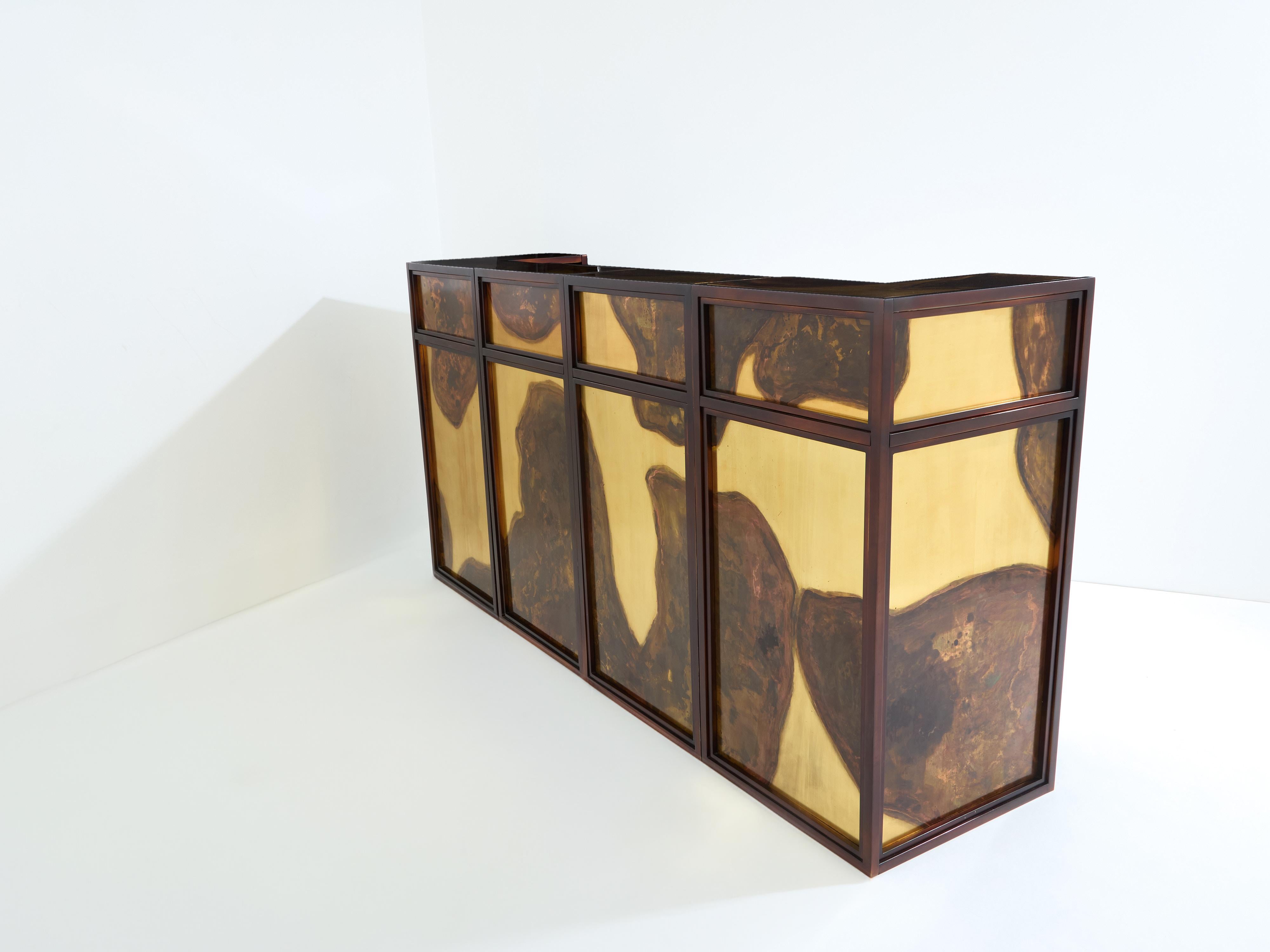 Late 20th Century Isabelle and Richard Faure oxidized brass bar cabinet counters 1970s For Sale