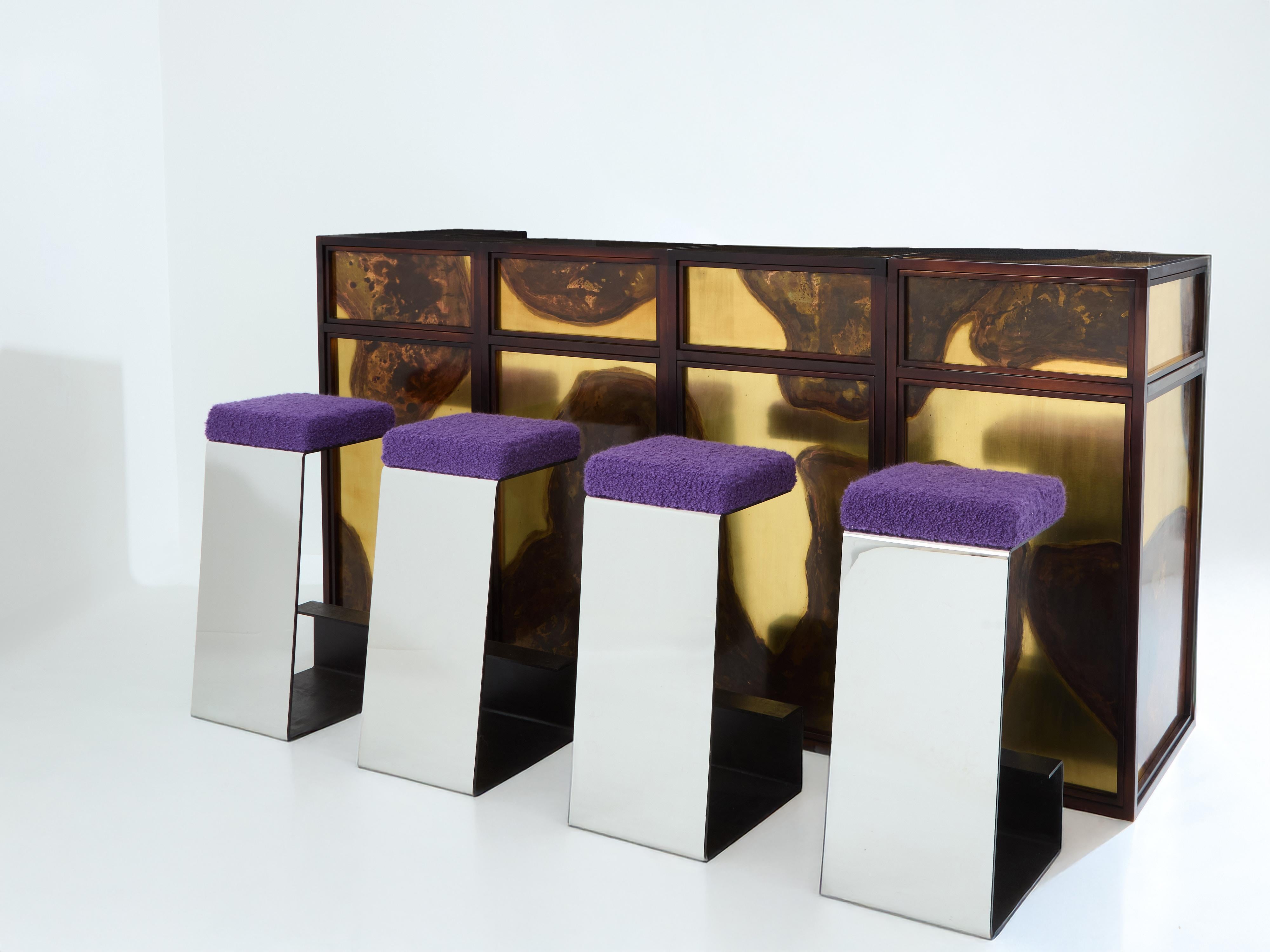 Brass Isabelle and Richard Faure oxidized brass bar cabinet counters 1970s For Sale