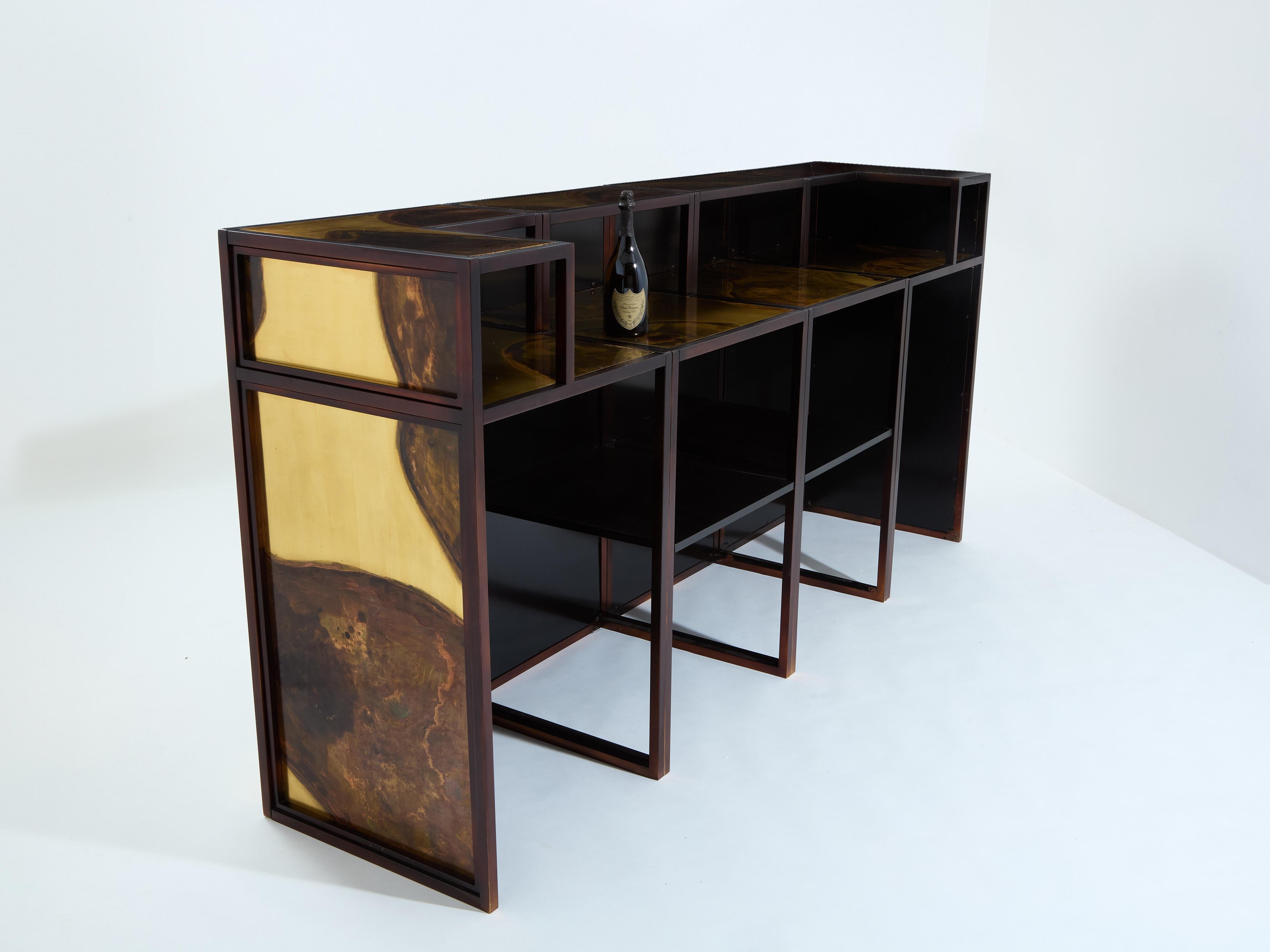 Isabelle and Richard Faure oxidized brass bar cabinet counters 1970s For Sale 1