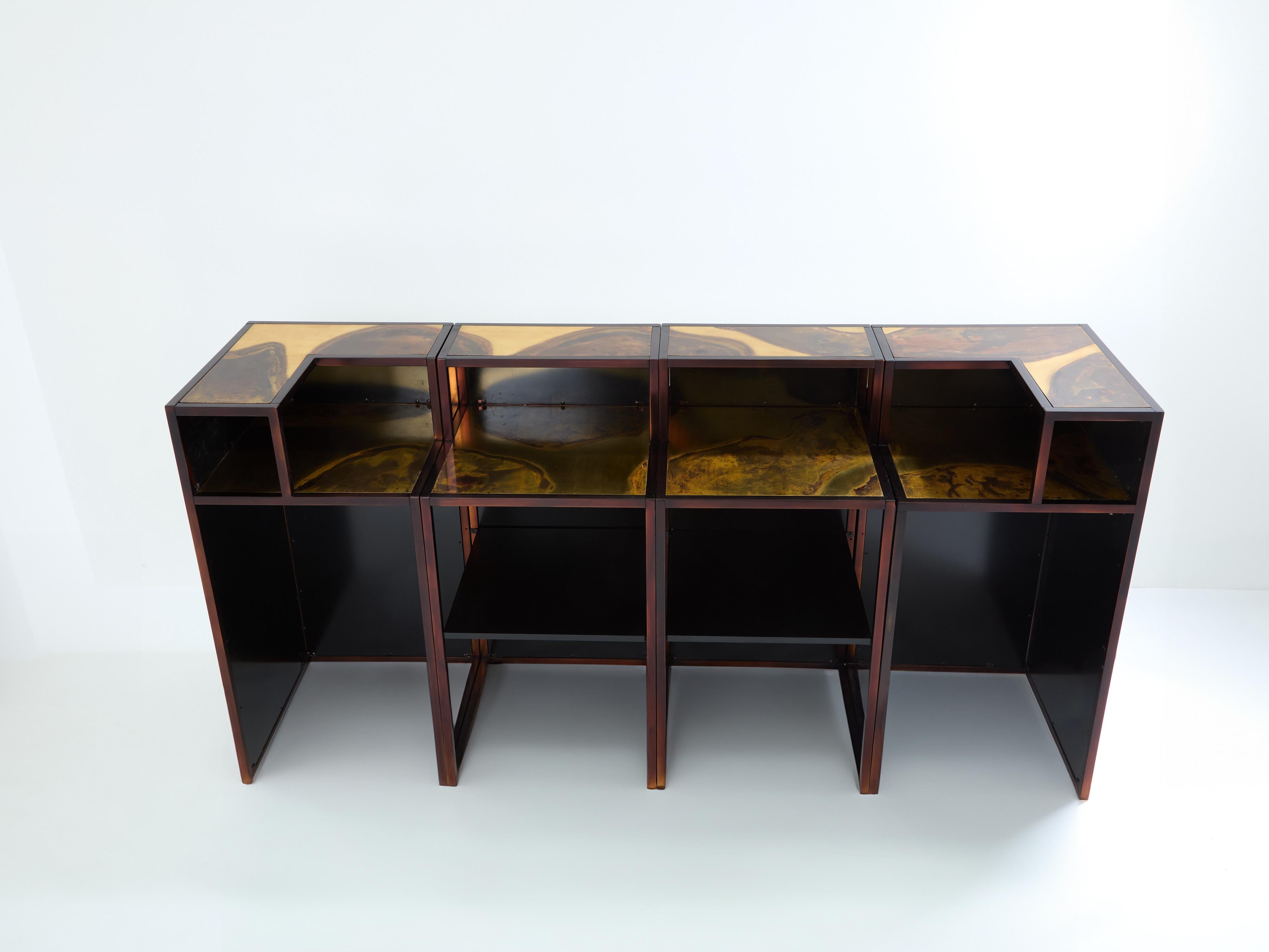 Isabelle and Richard Faure oxidized brass bar cabinet counters 1970s For Sale 2