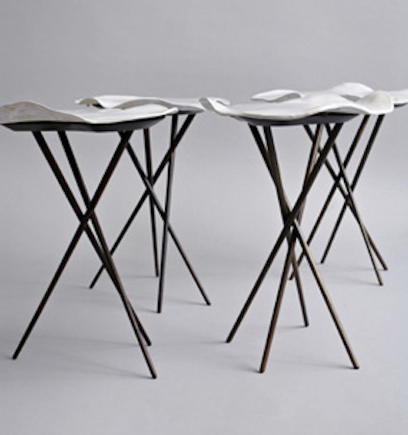 Minimalist Isabelle Azema Belles de Nuit Table in Enameled Sandstone and Forged Iron For Sale