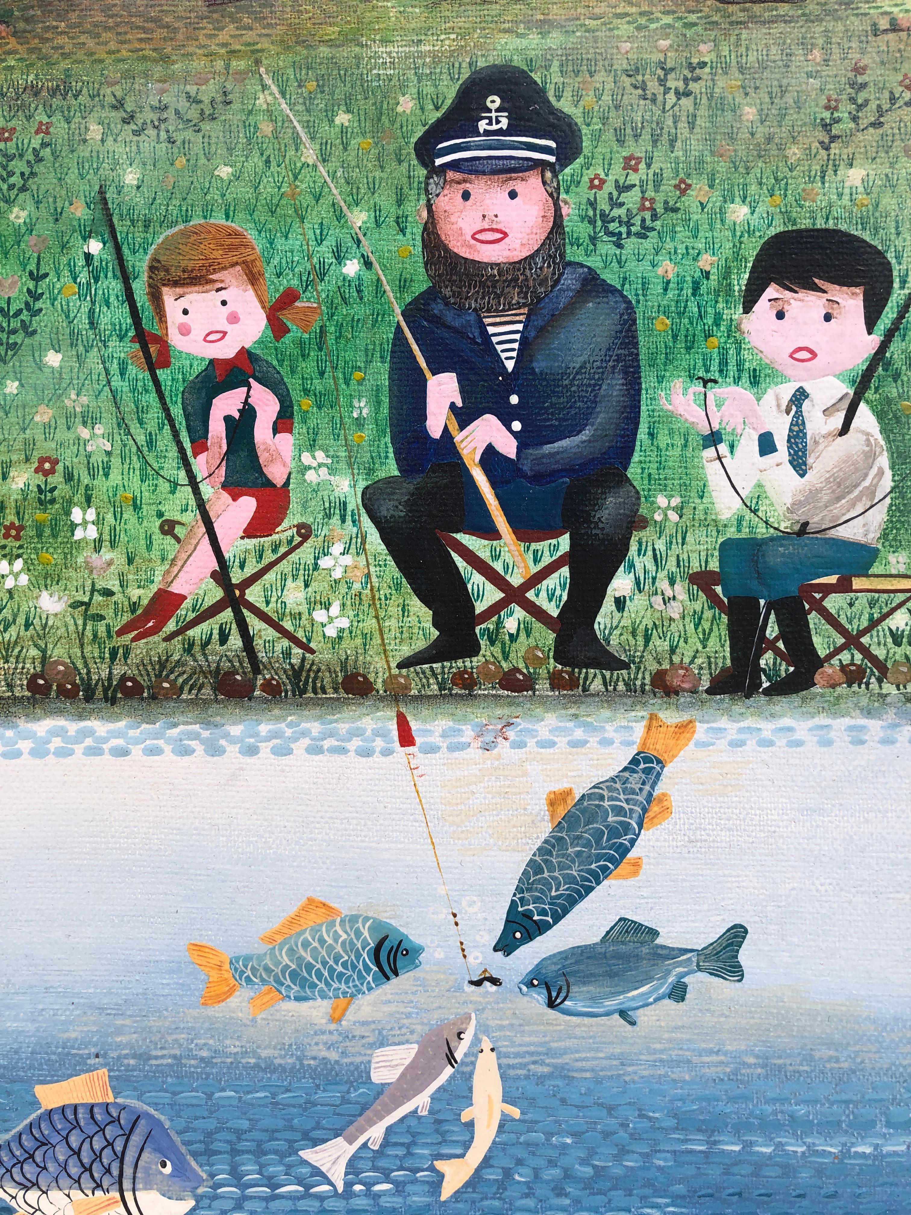 naïve fishing day oil on canvas painting - Gray Portrait Painting by Isabelle Baillen