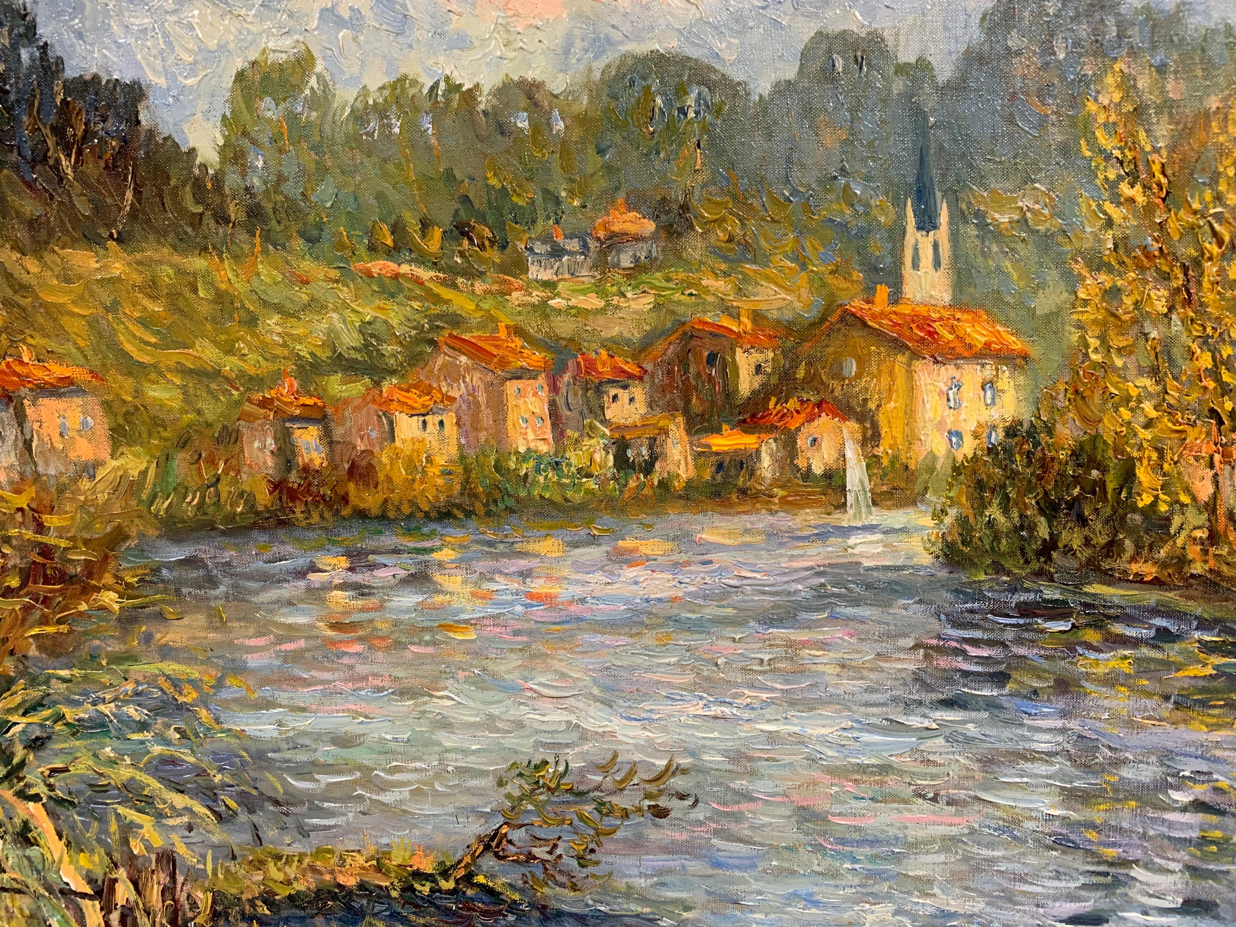 Peinture à l'huile signée Isabelle de Ganay, La Vienne à Saint Leonard de Noblat 4