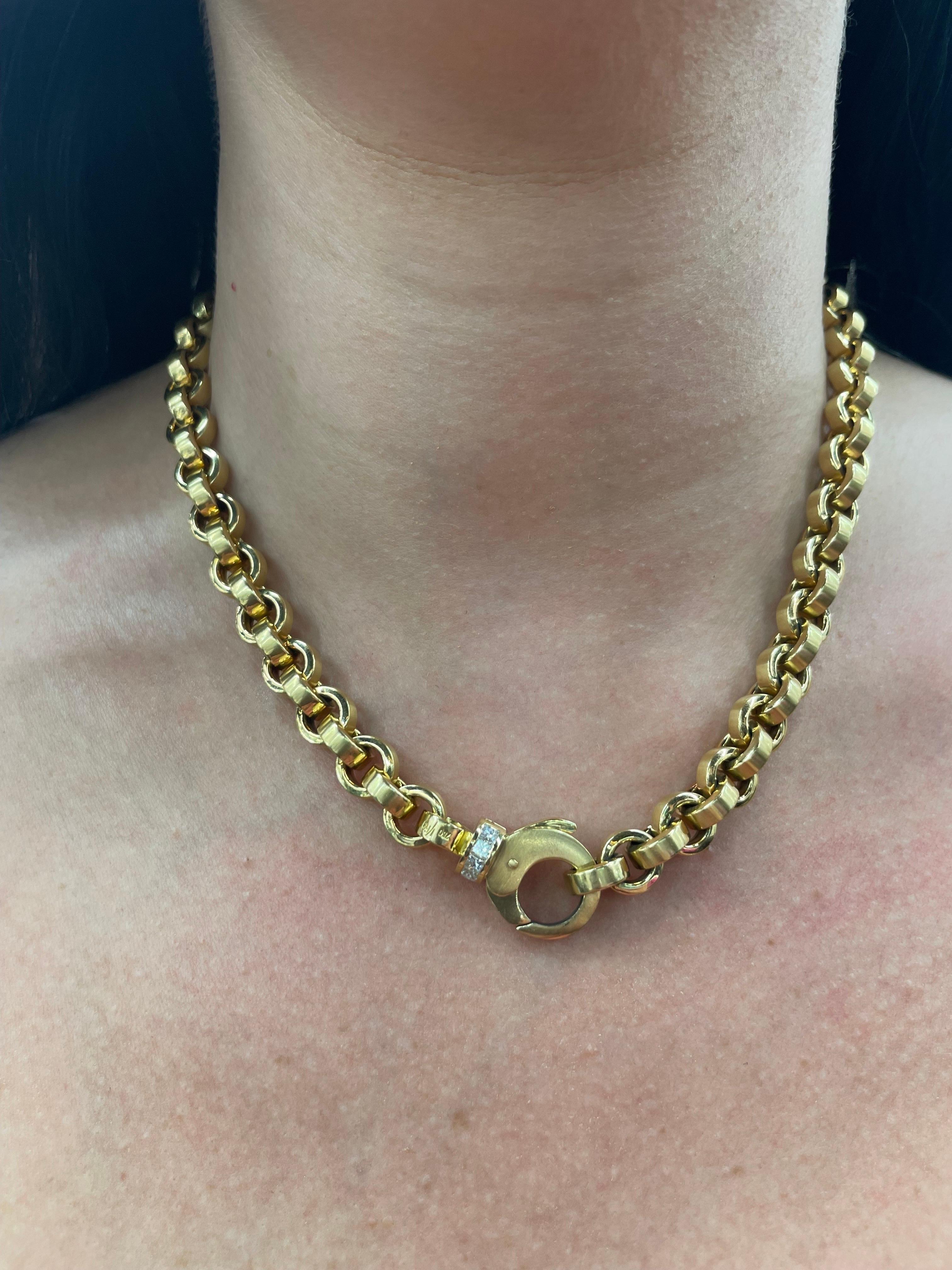 18 Karat Yellow Gold necklace featuring 82 alternating polished & brushed finished links weighing 89.7 Grams with 9 Princess Cut diamonds weighing 0.72 Carats. Signed I/FA 750