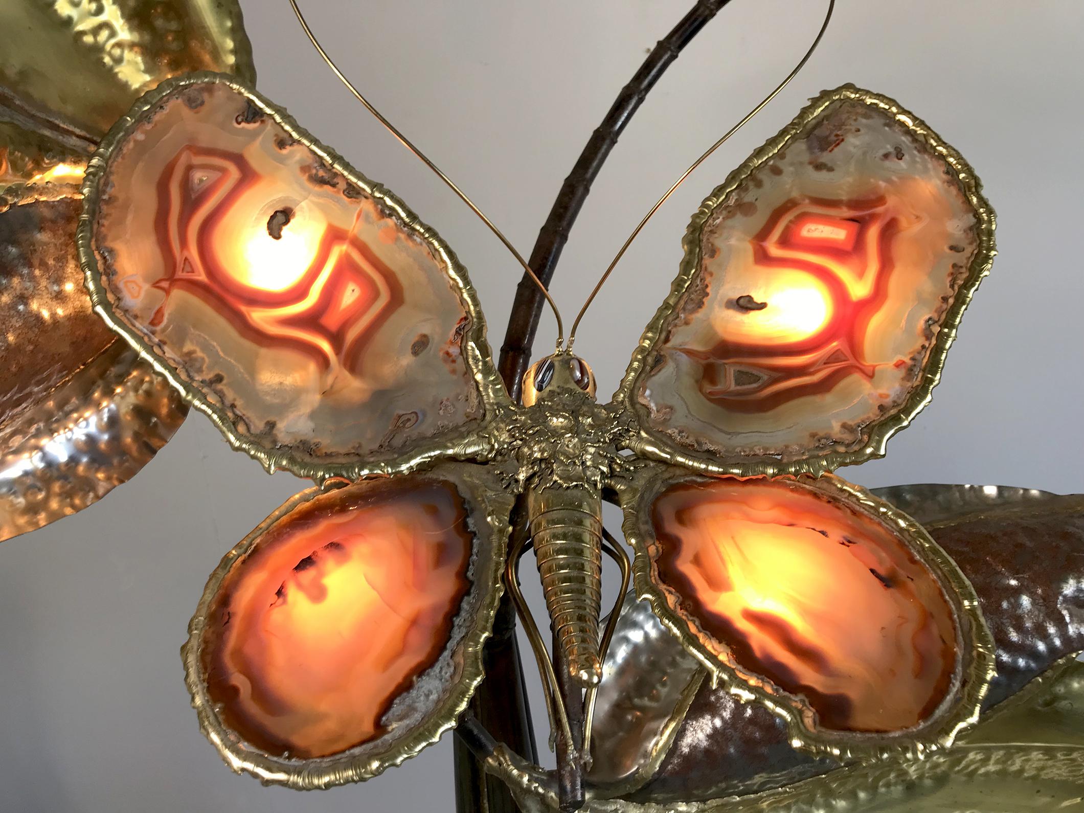 Isabelle and Richard Faure, Large light sculpture for the Maison Honoré, France 1980. Alternating brass, patinated metal and slices of red veined agates, this Butterfly Tree has 7 lights.
Signed 