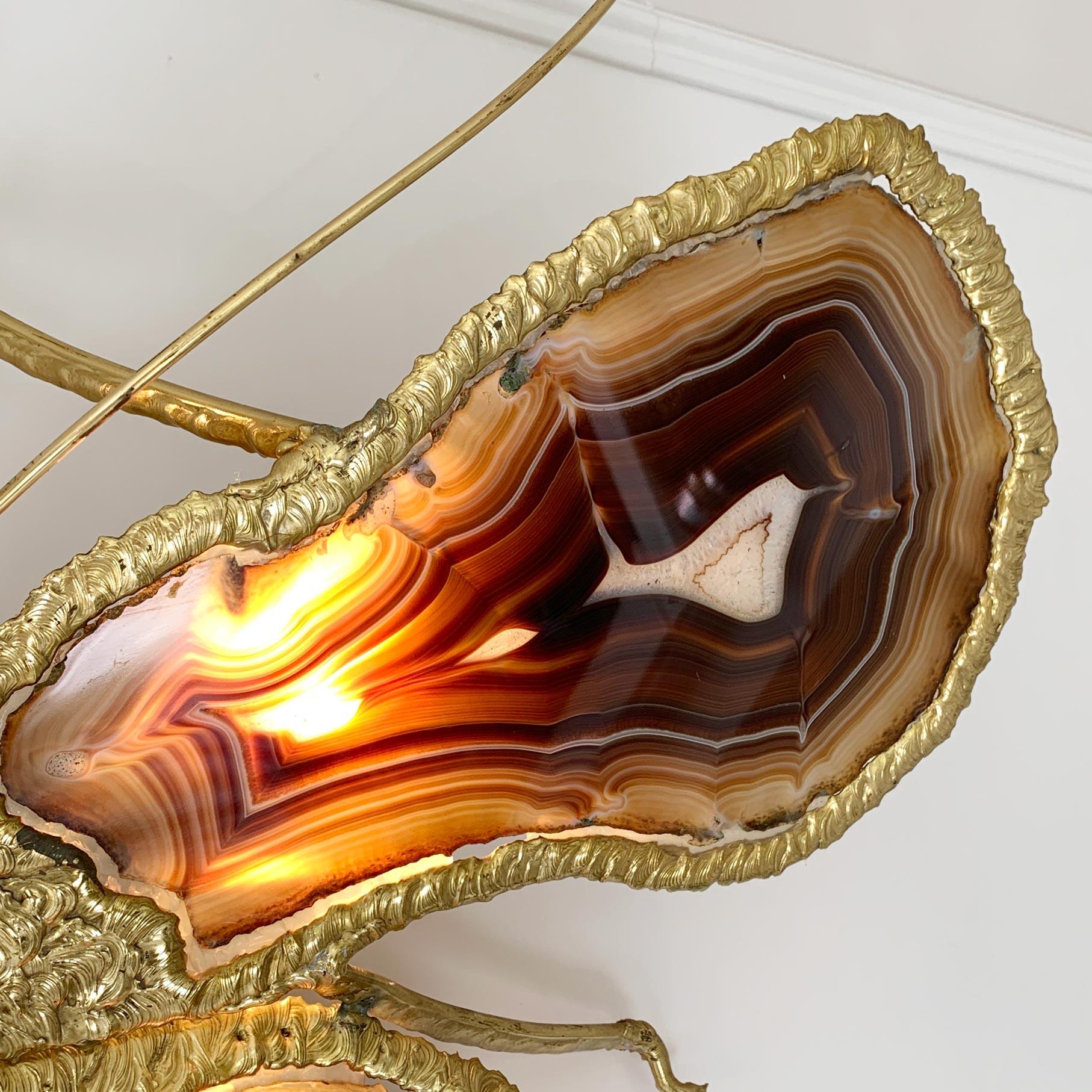 Hand-Crafted Isabelle Faure Signed Illuminated Gold Butterfly Sculpture in Brass and Agate For Sale