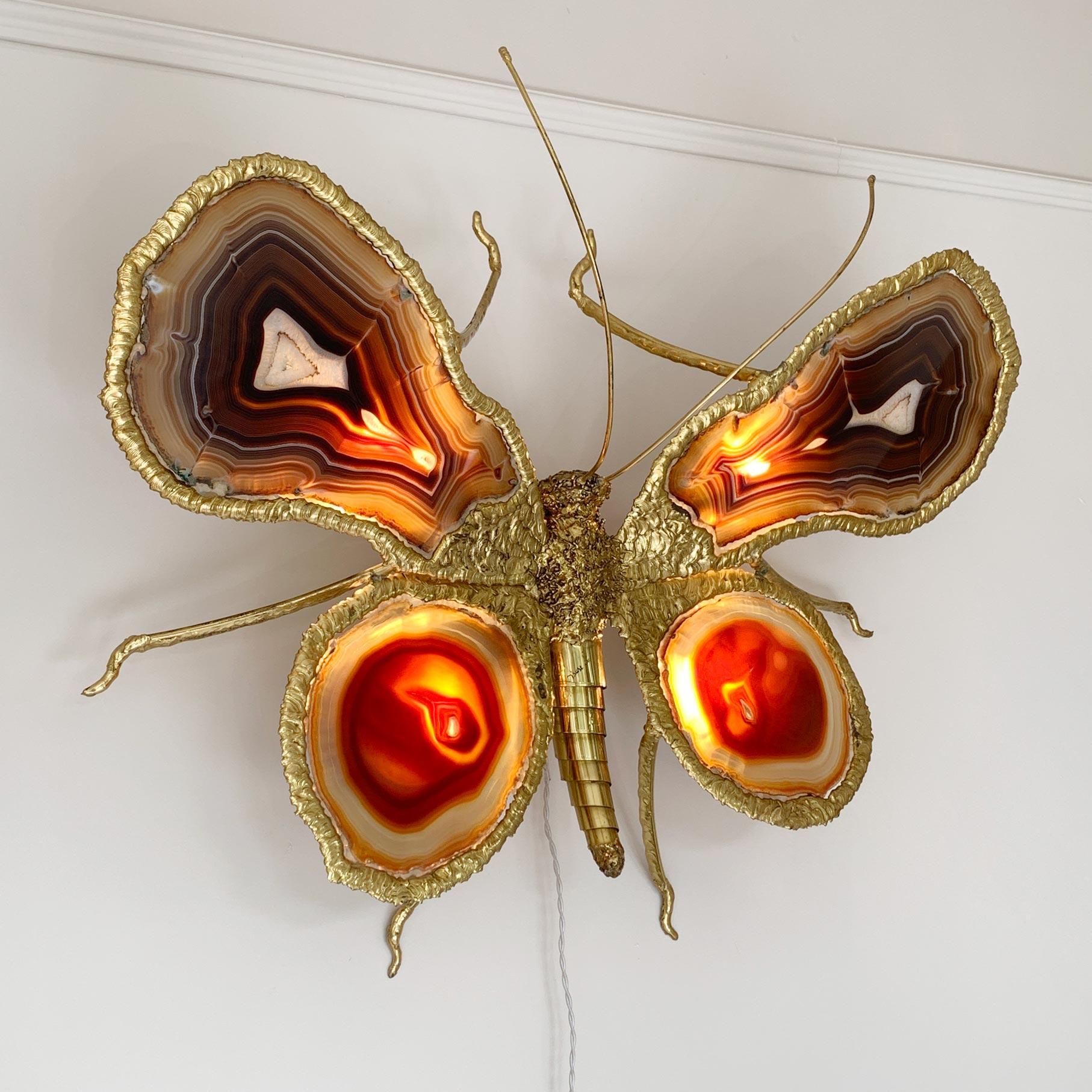 Isabelle Faure Signed Illuminated Gold Butterfly Sculpture Light Brass and Agate For Sale 4