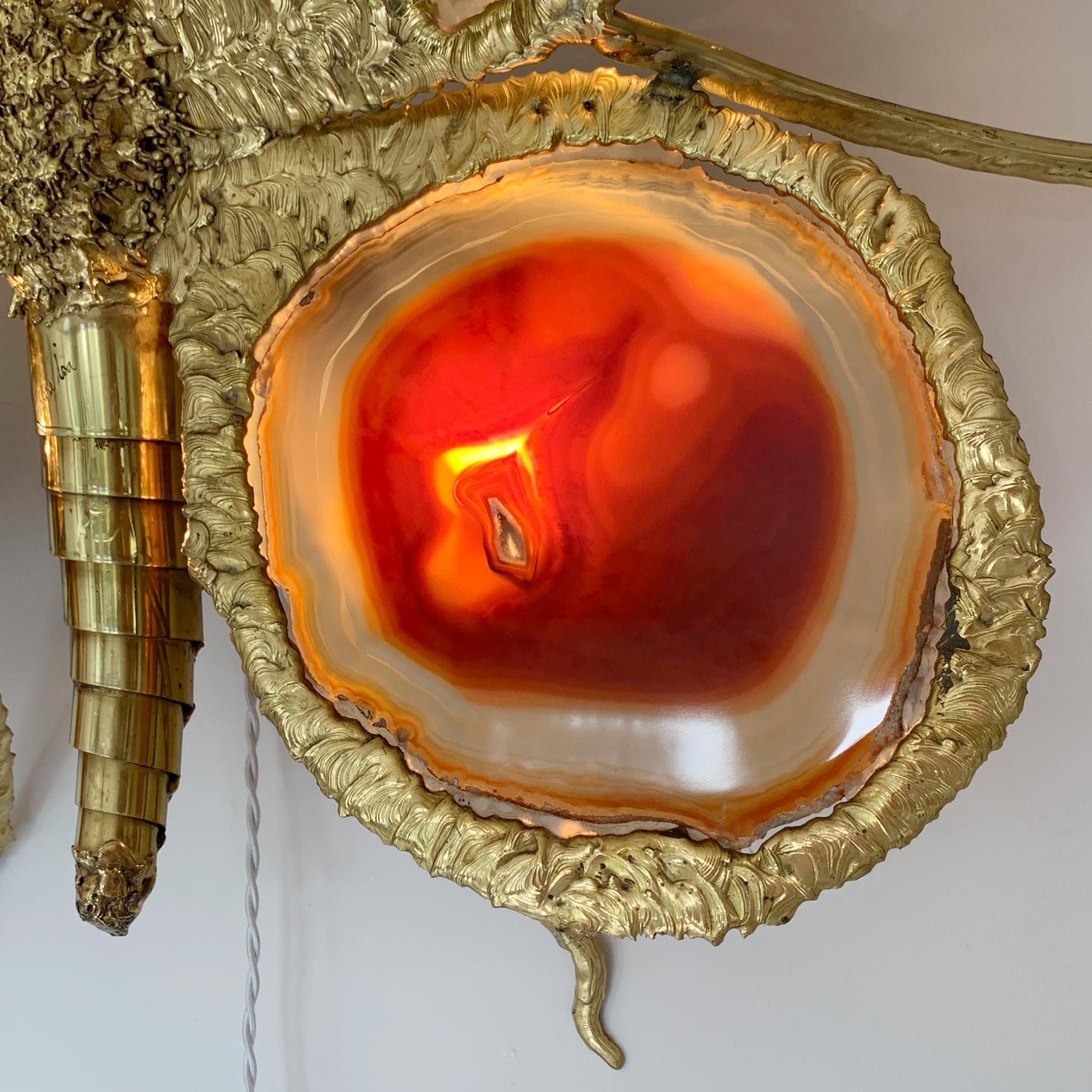 Isabelle Faure Signed Illuminated Gold Butterfly Sculpture Light Brass and Agate For Sale 5