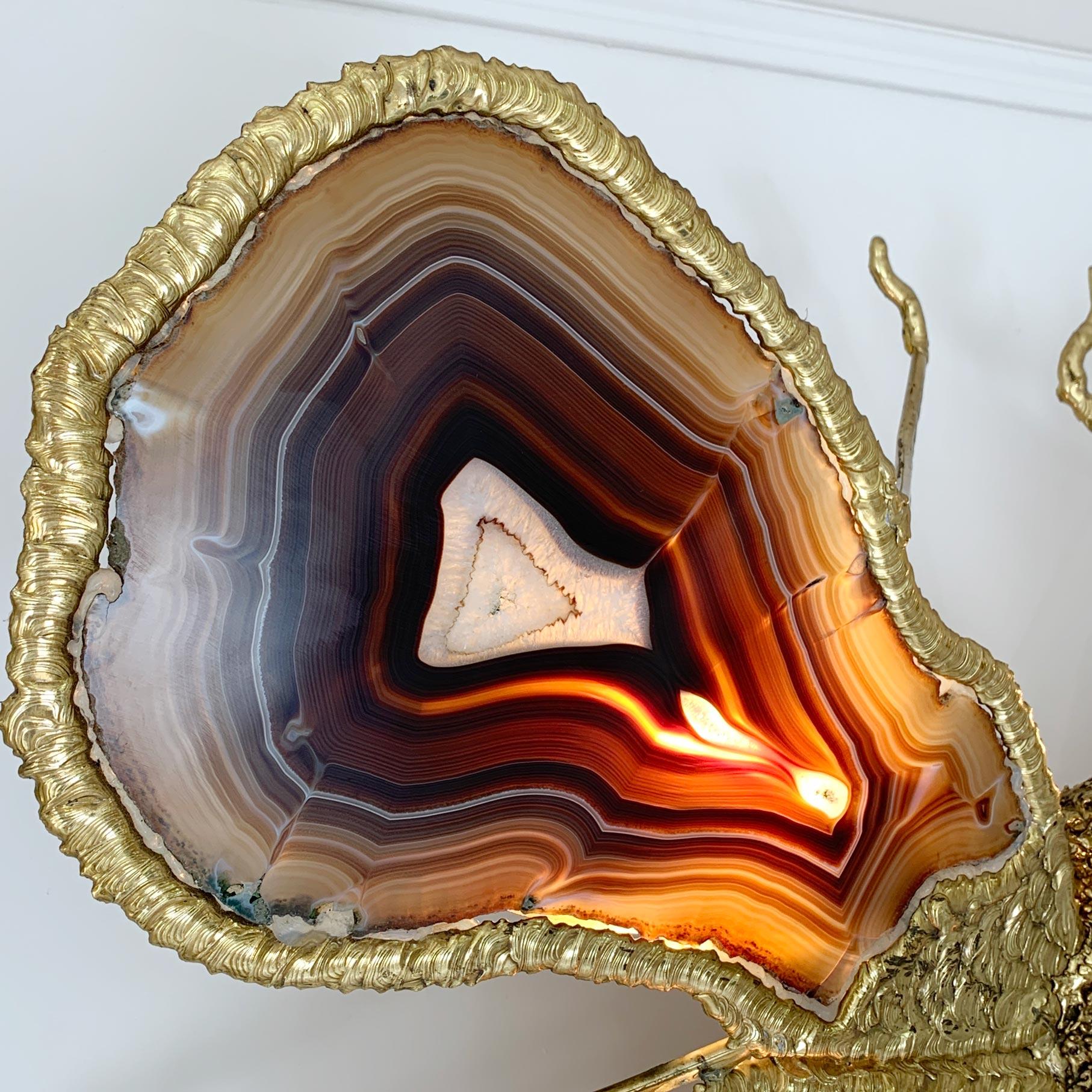 Brutalist Isabelle Faure Signed Illuminated Gold Butterfly Sculpture Light Brass and Agate For Sale