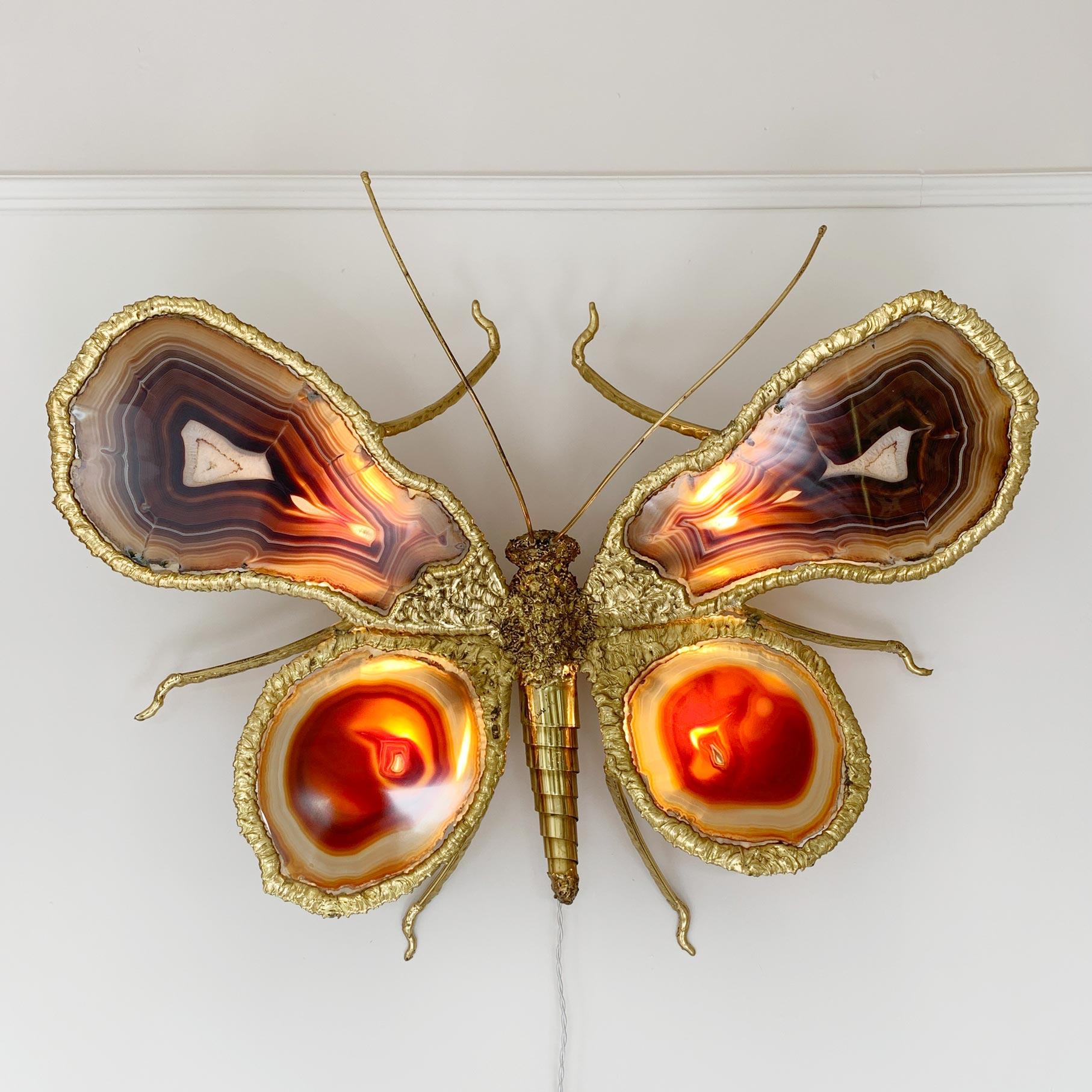French Isabelle Faure Signed Illuminated Gold Butterfly Sculpture Light Brass and Agate For Sale