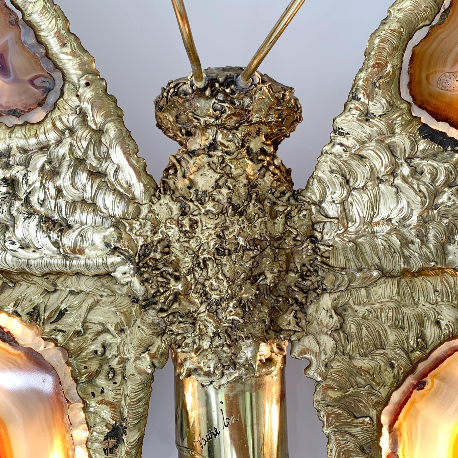 Hand-Crafted Isabelle Faure Signed Illuminated Gold Butterfly Sculpture Light Brass and Agate For Sale