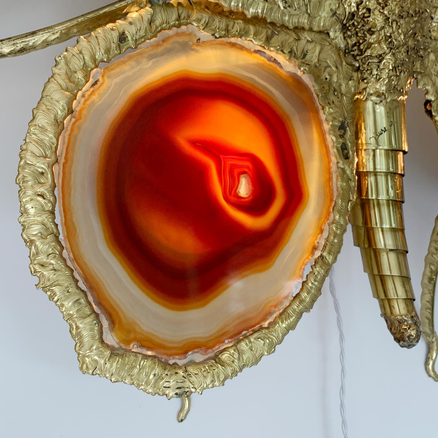 Isabelle Faure Signed Illuminated Gold Butterfly Sculpture Light Brass and Agate In Good Condition For Sale In Hastings, GB
