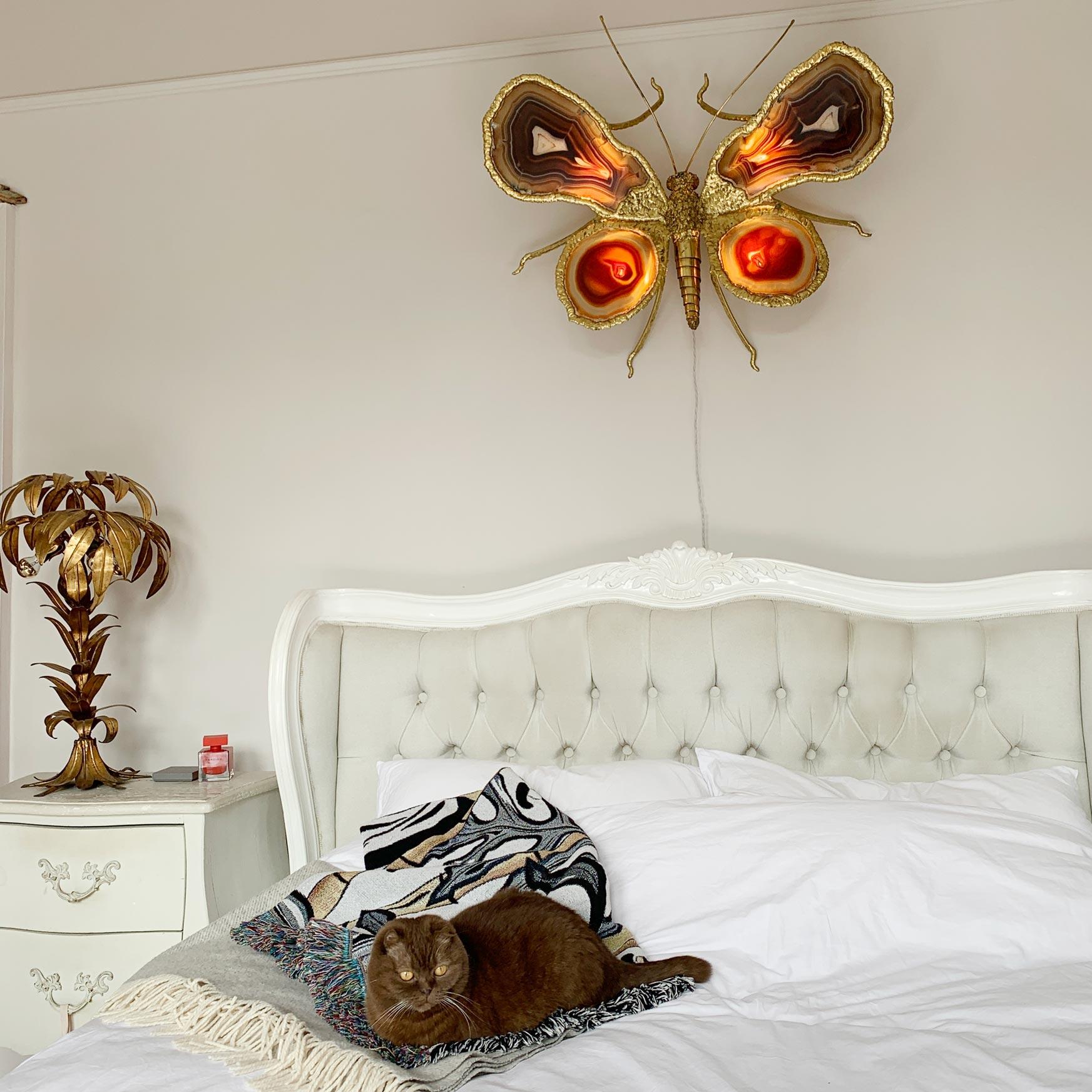 Late 20th Century Isabelle Faure Signed Illuminated Gold Butterfly Sculpture Light Brass and Agate For Sale