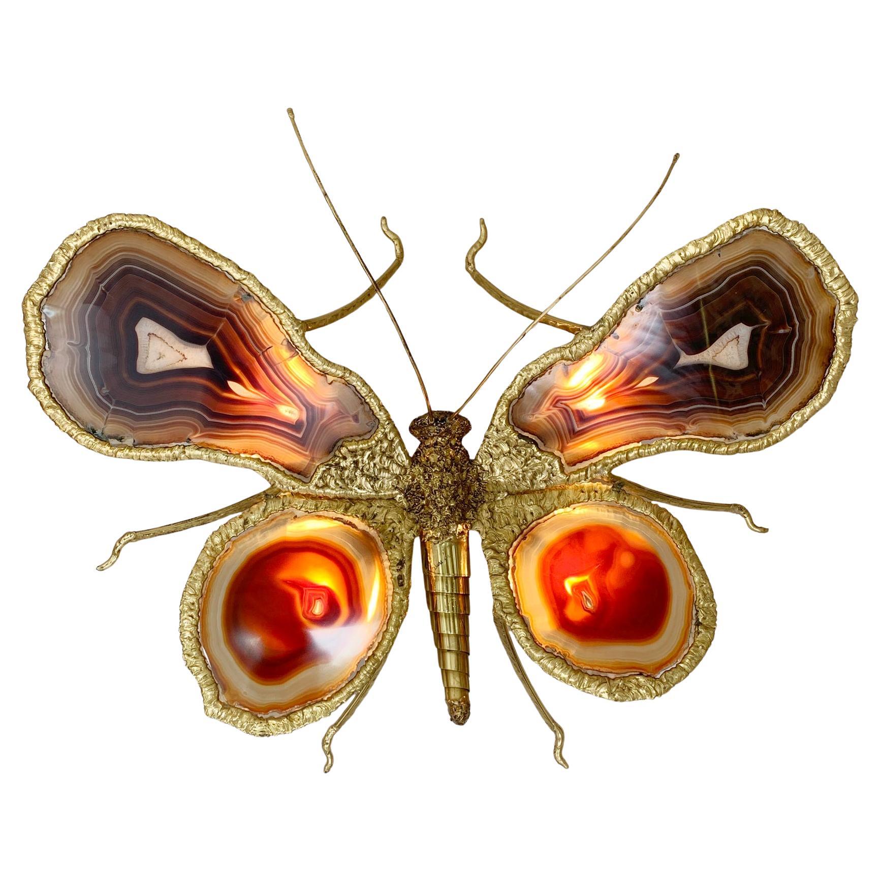 Isabelle Faure Signed Illuminated Gold Butterfly Sculpture Light Brass and Agate