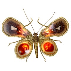 Isabelle Faure Signed Illuminated Gold Butterfly Sculpture Light Brass and Agate