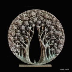 "The temple", Small Character in a Forest Circular Figurative Bronze Sculpture