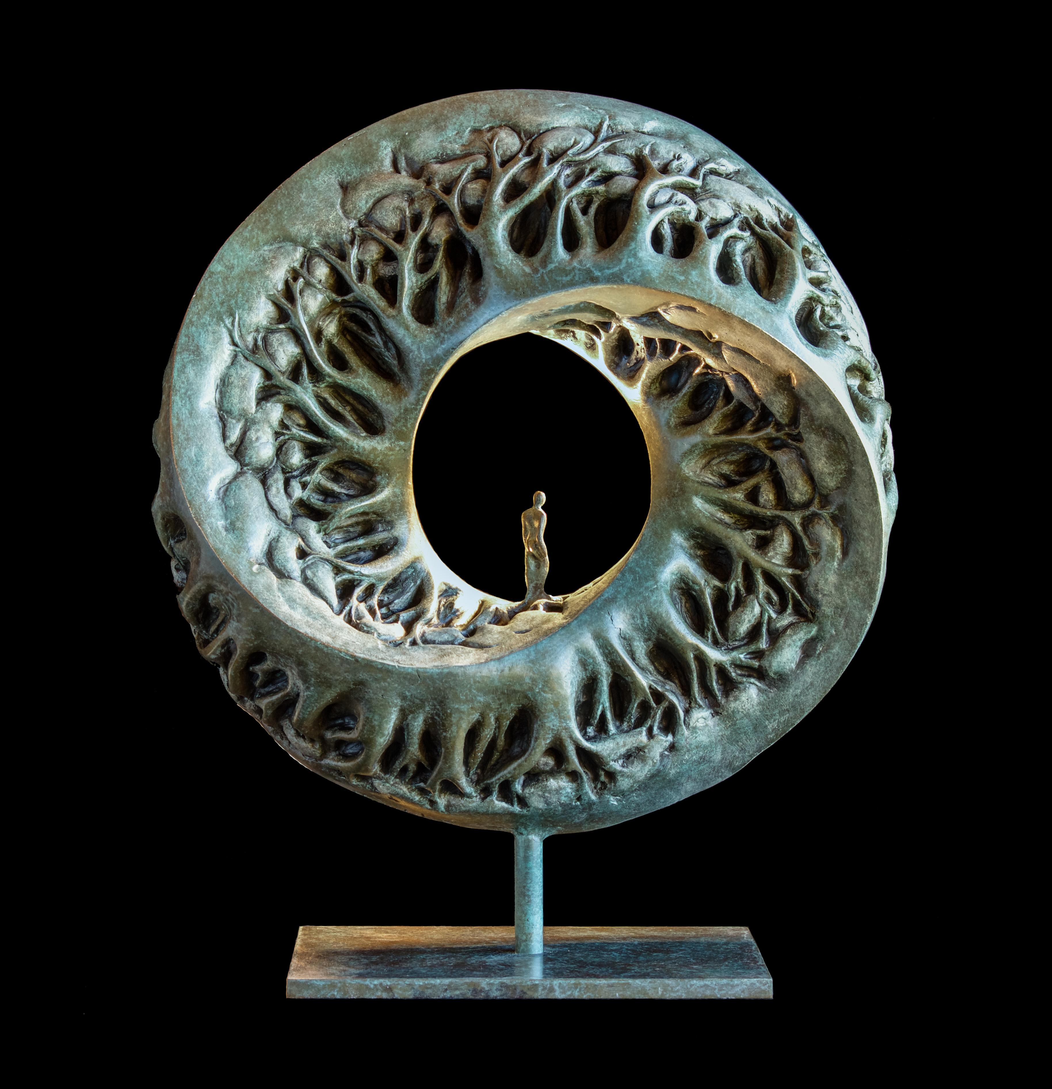 Isabelle Jeandot Figurative Sculpture - "Through the Looking Glass", Man Walking on Forest Mobius Band Bronze Sculpture