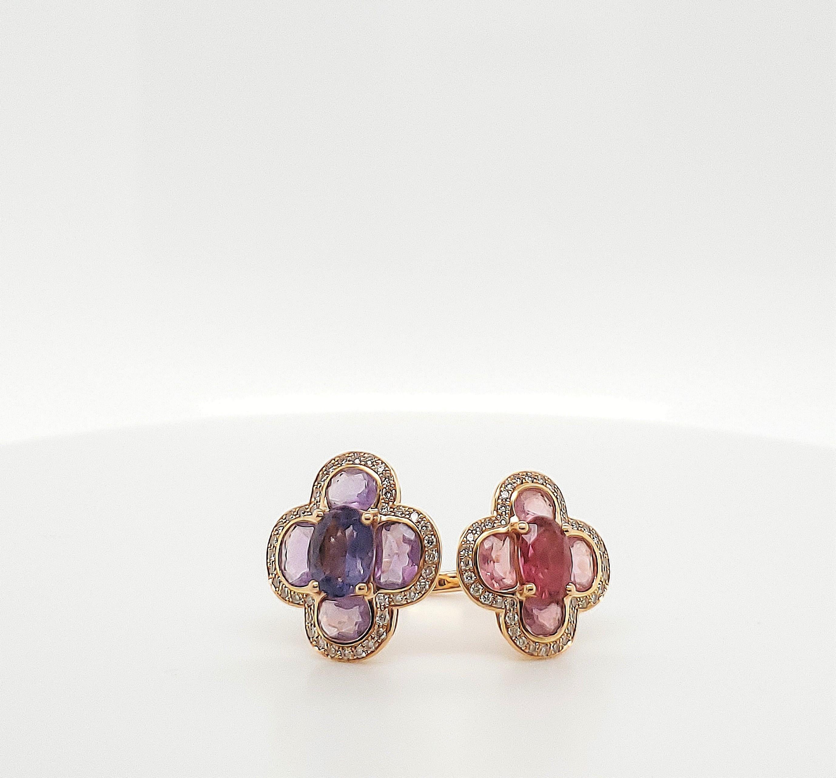 Isabelle Langlois amethyst and pink tourmaline stone floral bypass ring crafted in 18 karat rose gold. An estimated 0.30 carats of round brilliant cut diamonds accent the gemstones. Signed Isabelle Langlois, 750. Ring size 6. Does not come with