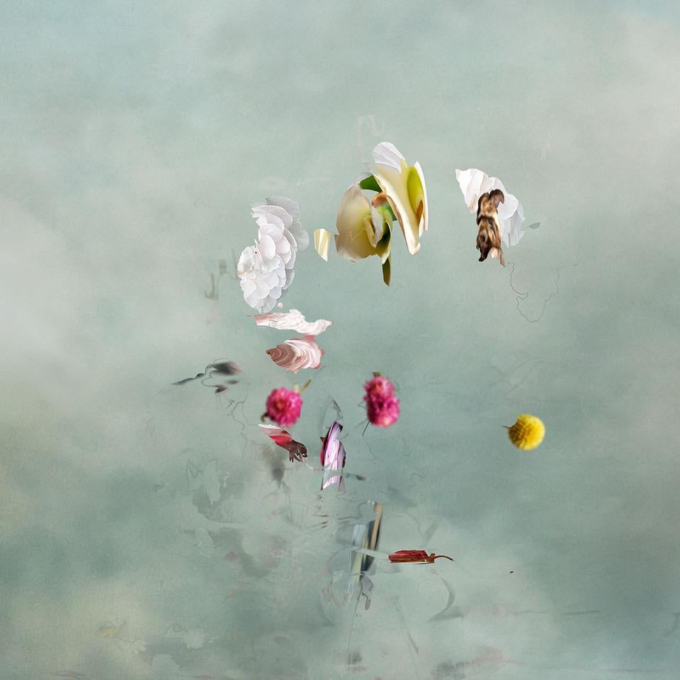 Isabelle Menin Color Photograph – Floating Angels # 6 Quadratische abstrakte florale Landschaft Foto Blau, Weiß, Rosa