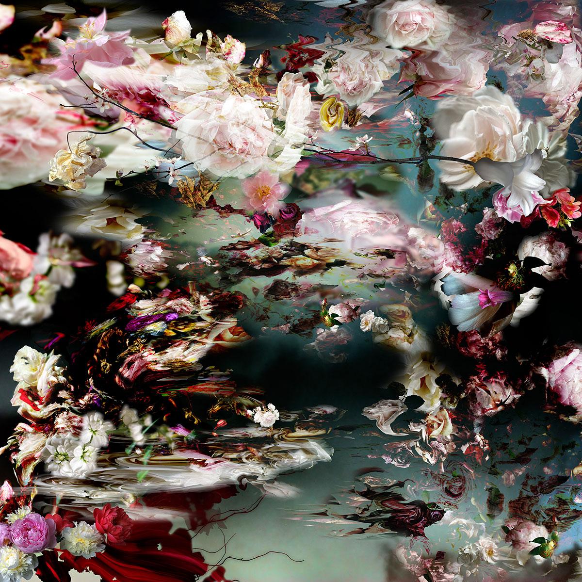 Isabelle Menin Still-Life Photograph – Quadratische Fotografie: Fluss 5, Blumenstillleben, farbenfrohes rosa, rot, weiß, blau und blau