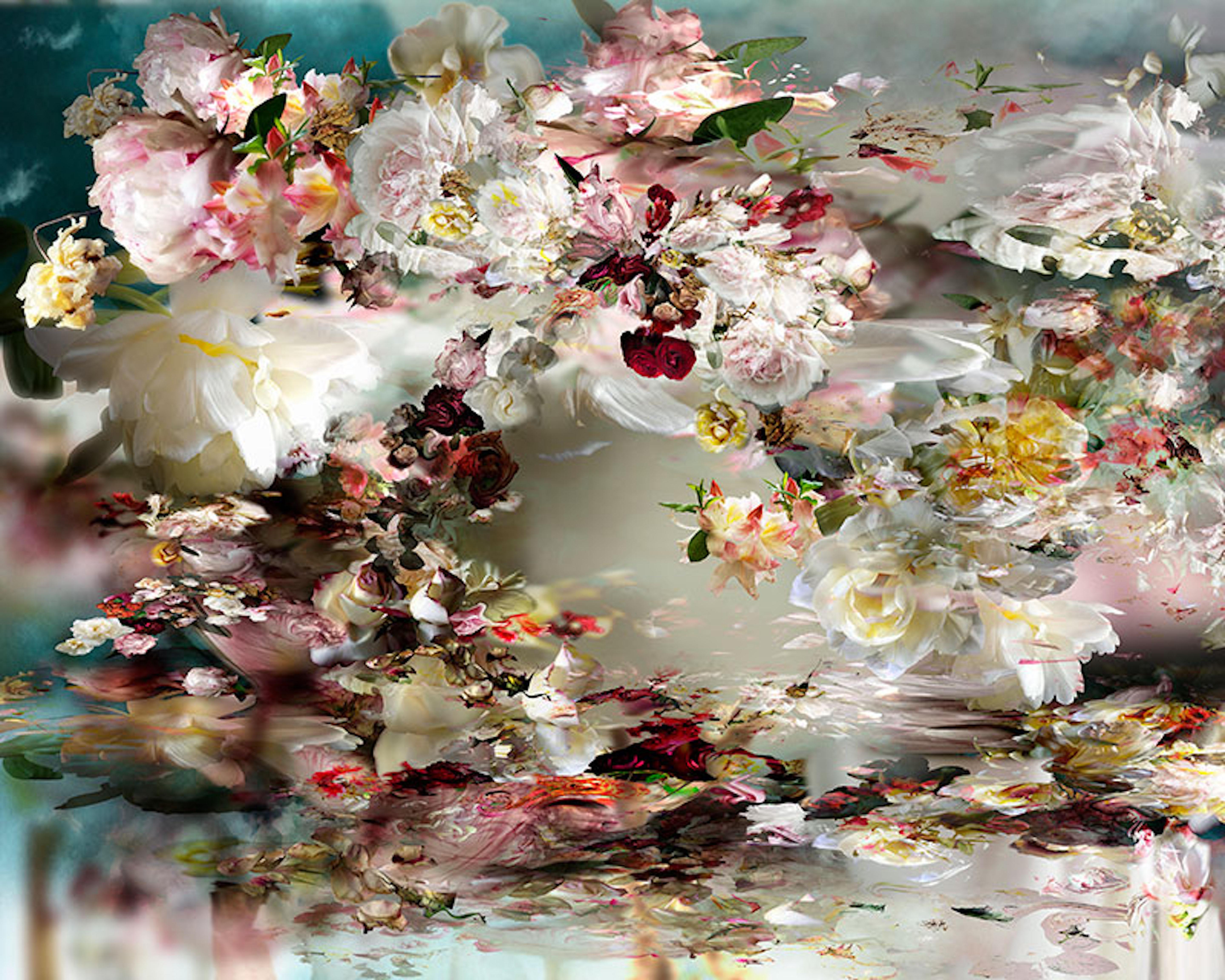 Isabelle Menin Still-Life Photograph – River 7 - Floral-Stillleben, farbenfrohes rosa, blau-weißes Landschaftsfoto