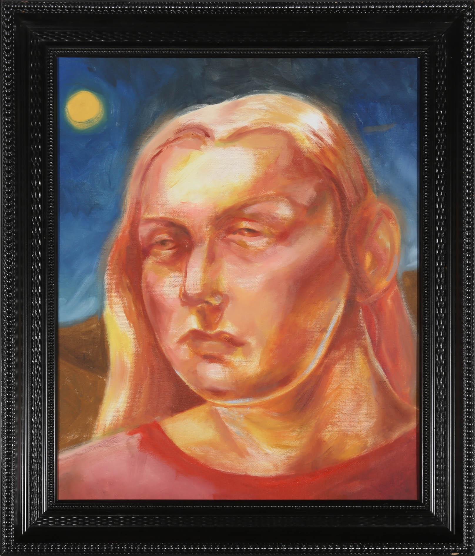 A striking contemporary oil portrait showing a tired young woman, under a vibrant yellow moon. The artist has signed to the reverse and the painting has been presented in a fine contemporary black lacquer Dutch style frame. On canvas board. 
