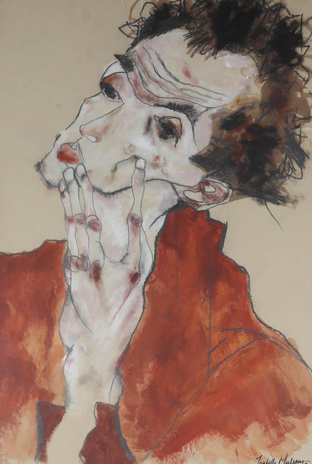 A fine homage to the artist Egon Schiele, this copy of the artist's famous self portrait, is full of character and emotion. The piece uses thinned oils and graphite. The artist has signed and dated to the lower right corner and the painting has been