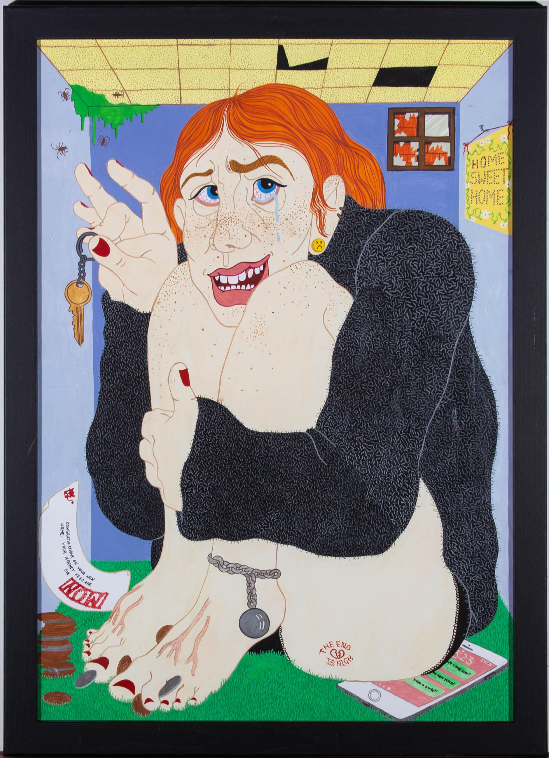 An incredibly vibrant and eye catching painting in gouache showing a young woman, hunched on the floor of her new home. The painting throws a humorous spin on the realities of a new home in the treacherous property market. She smiles a joyless smile