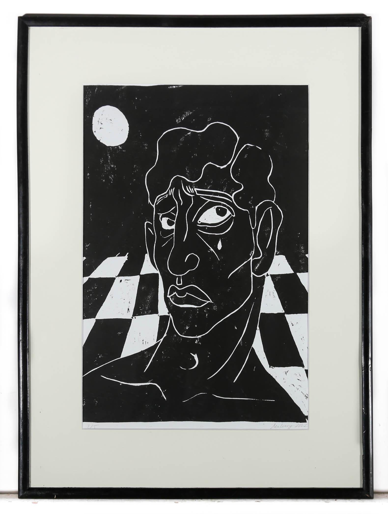 A striking monochrome woodcut showing a melancholy young man with a single tear rolling down his cheek beneath a full moon. The artist has signed and dated to the lower right and numbered 1/5 to the lower left corner. Presented in a simple black