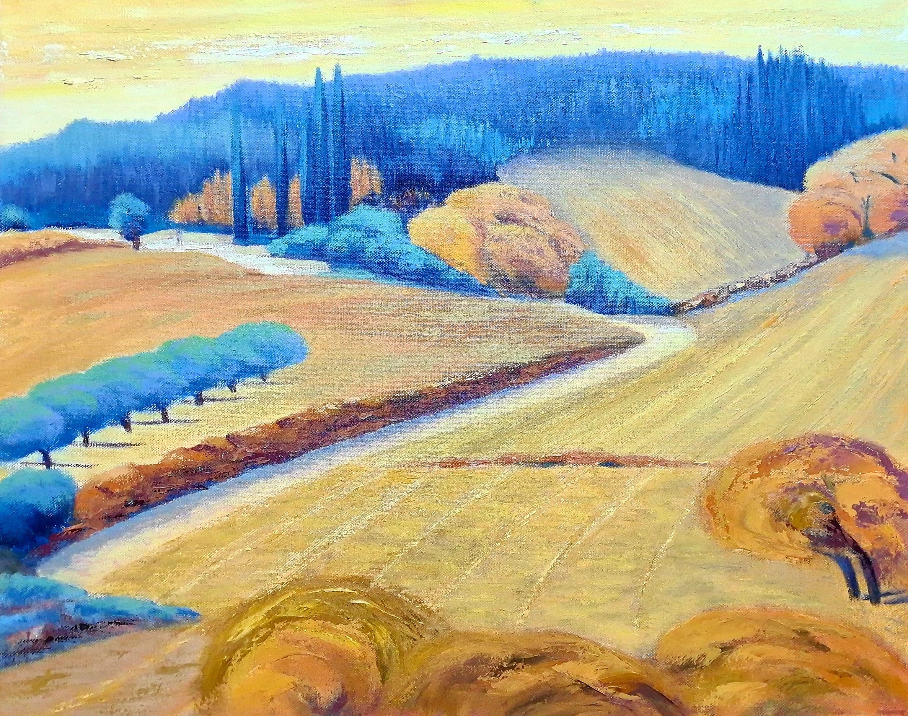 Isabelle Pardoe Landscape Painting - Colourful French Fauvist Landscape, Golden Wheatfields