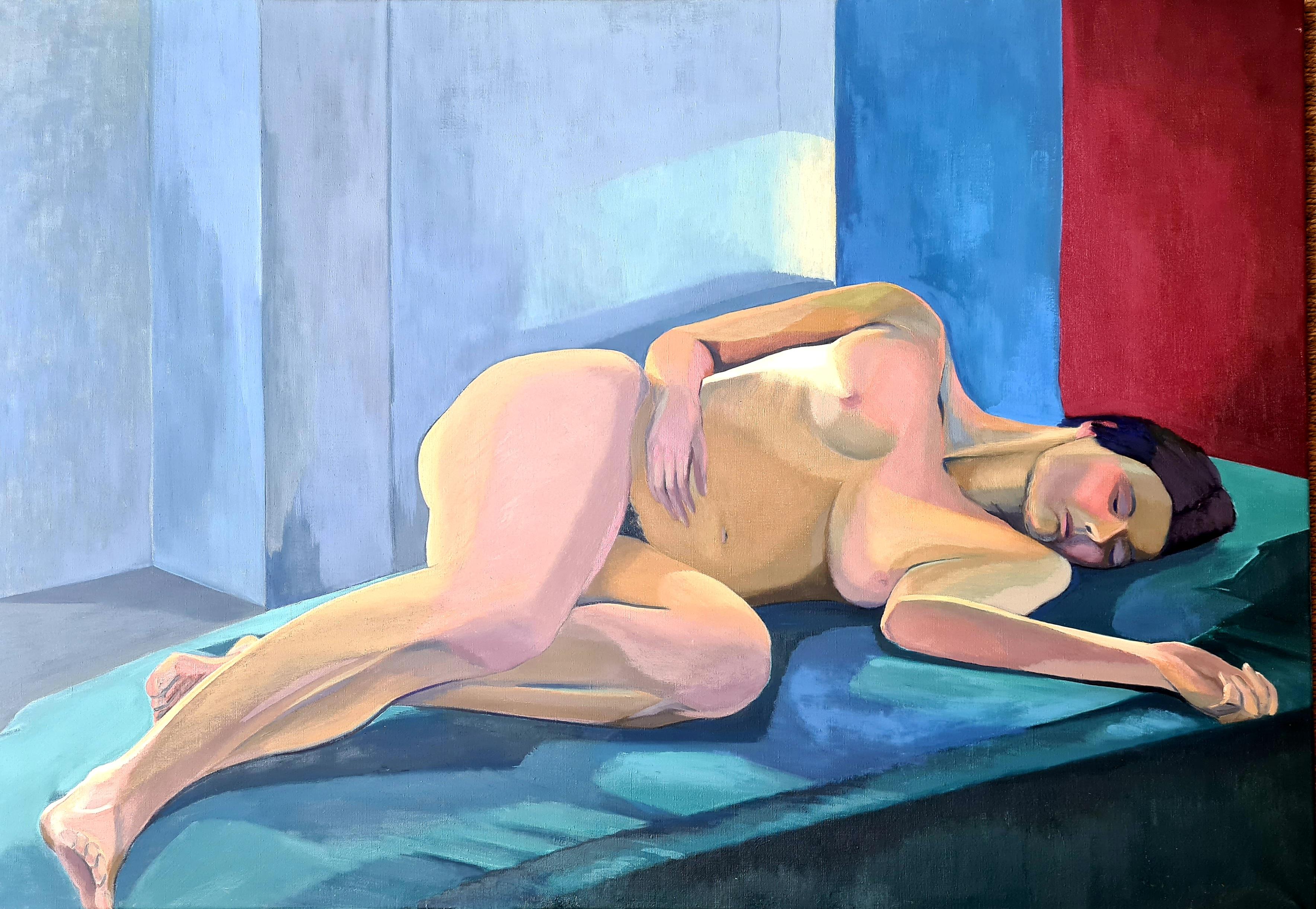 Isabelle Pardoe Figurative Painting – Bunter großer weiblicher Akt, Femme Nue Allongée
