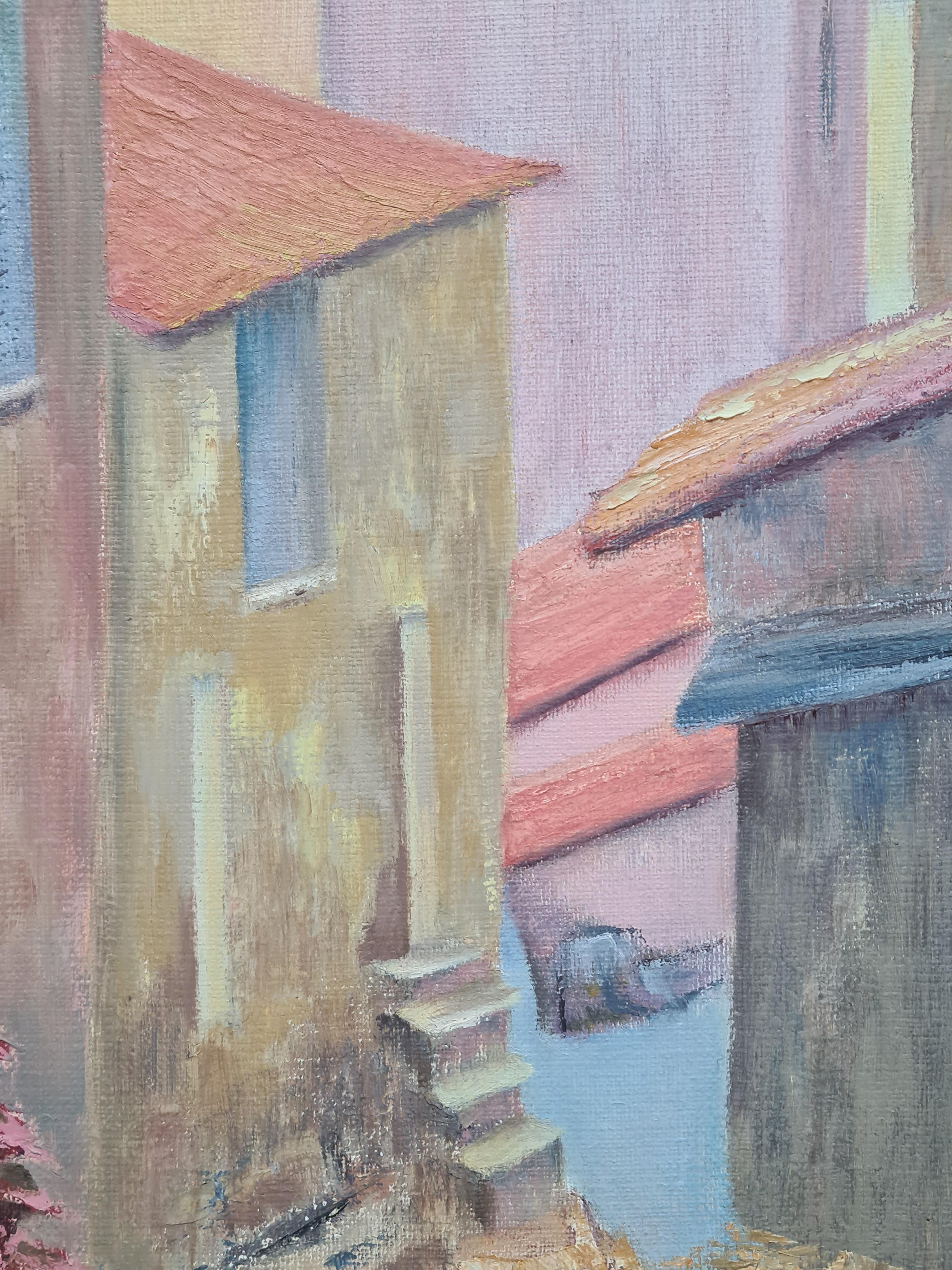 Bunte moderne französische Landschaft, die Dächer von St. Tropez – Painting von Isabelle Pardoe