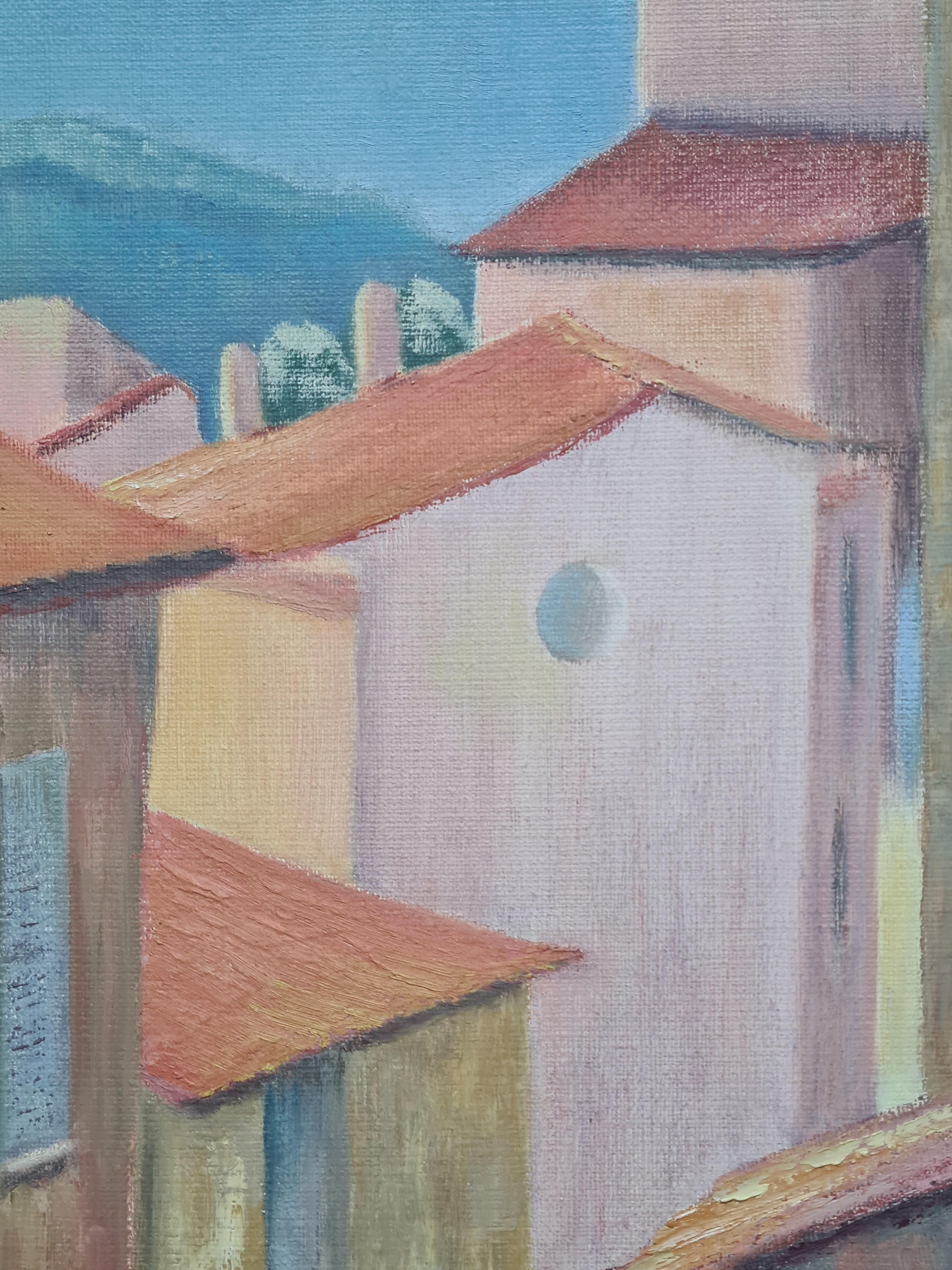 Bunte moderne französische Landschaft, die Dächer von St. Tropez (Moderne), Painting, von Isabelle Pardoe