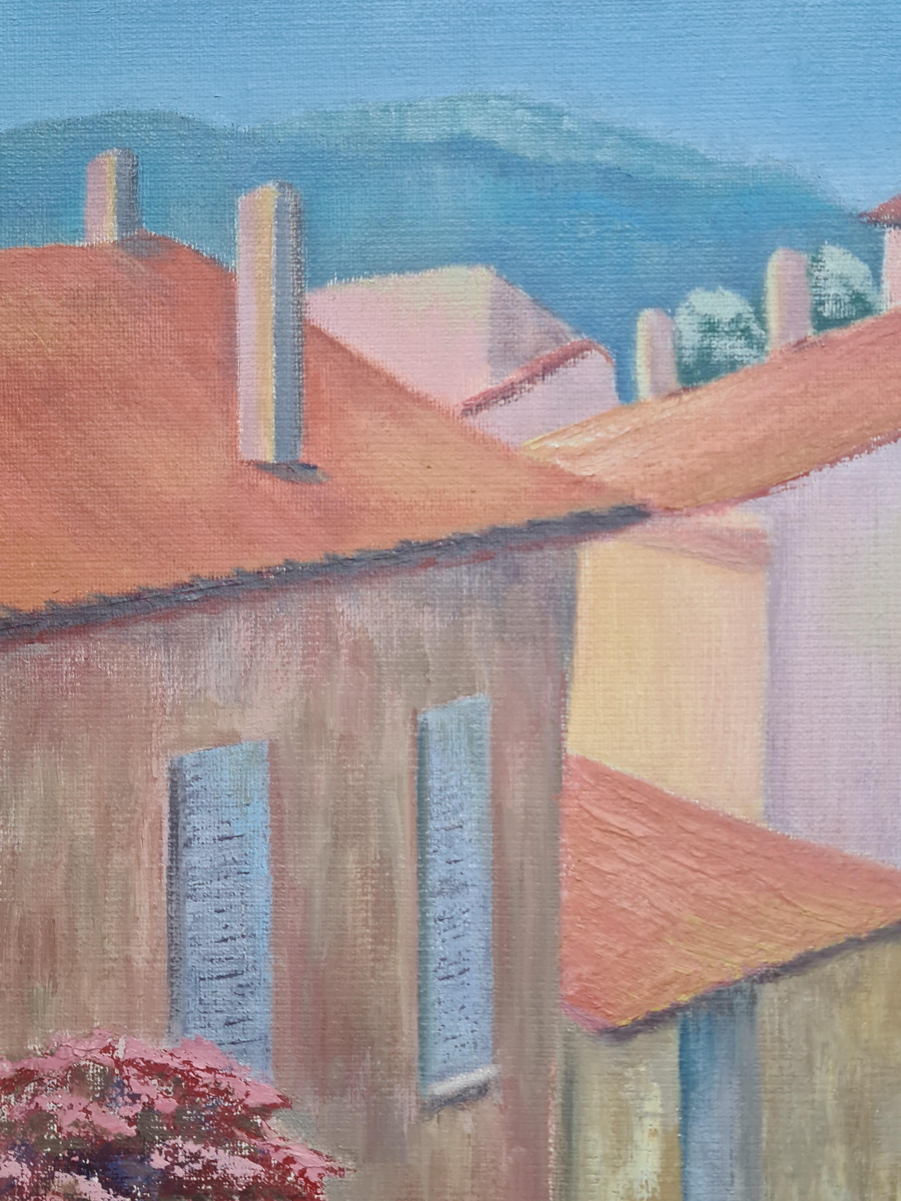 Bunte moderne französische Landschaft, die Dächer von St. Tropez (Grau), Landscape Painting, von Isabelle Pardoe
