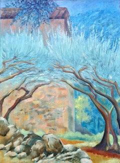 French Bastide Landscape Painting, Oil on Canvas, Late 20th Century