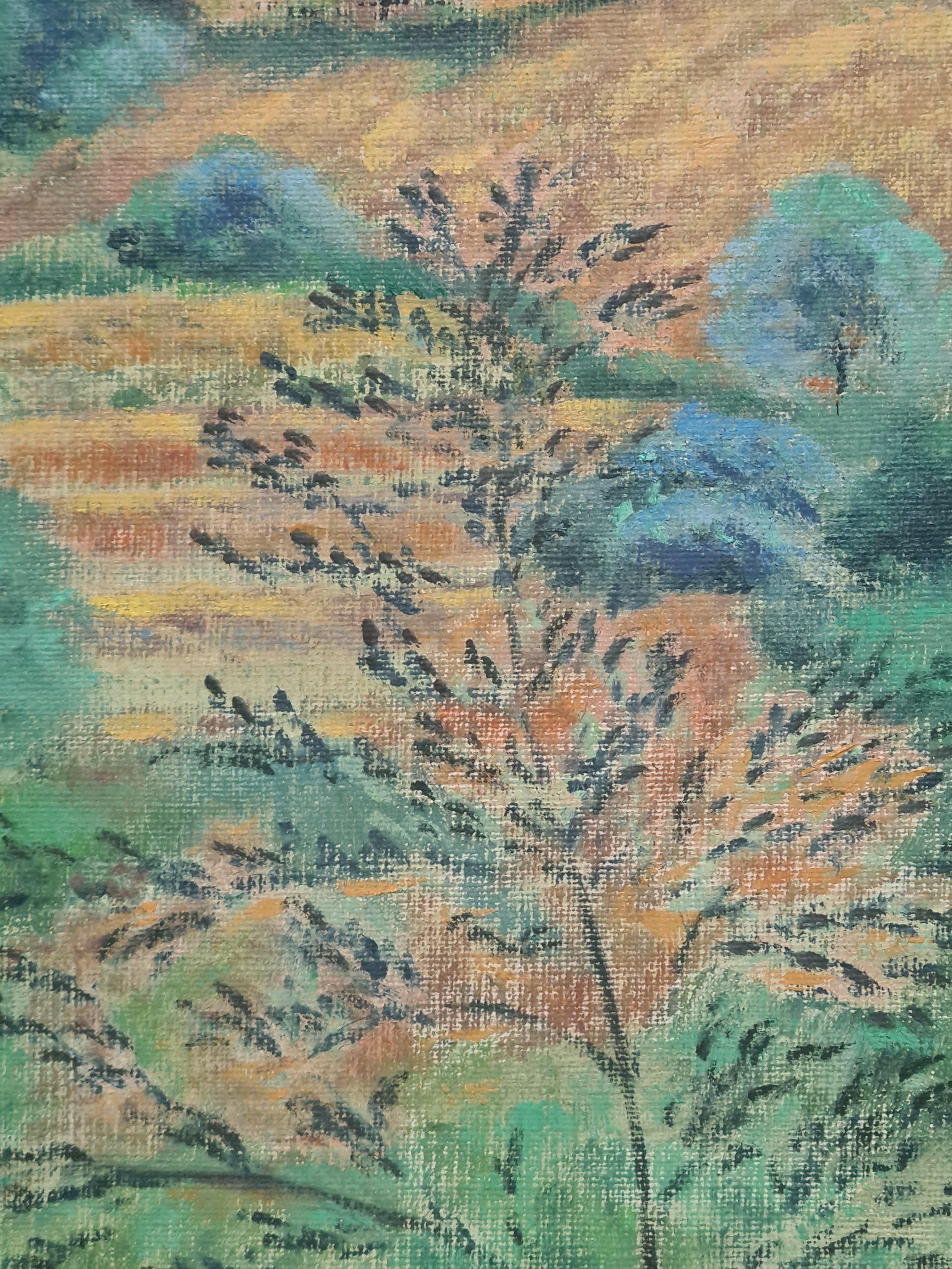 Ende des 20. Jahrhunderts, Öl auf Leinwand, Ansicht von Gebäuden in einer ländlichen Landschaft mit schneebedeckten Bergen von der französischen britischen Künstlerin Isabell Pardoe. Das Gemälde ist nicht signiert, sondern stammt direkt aus dem