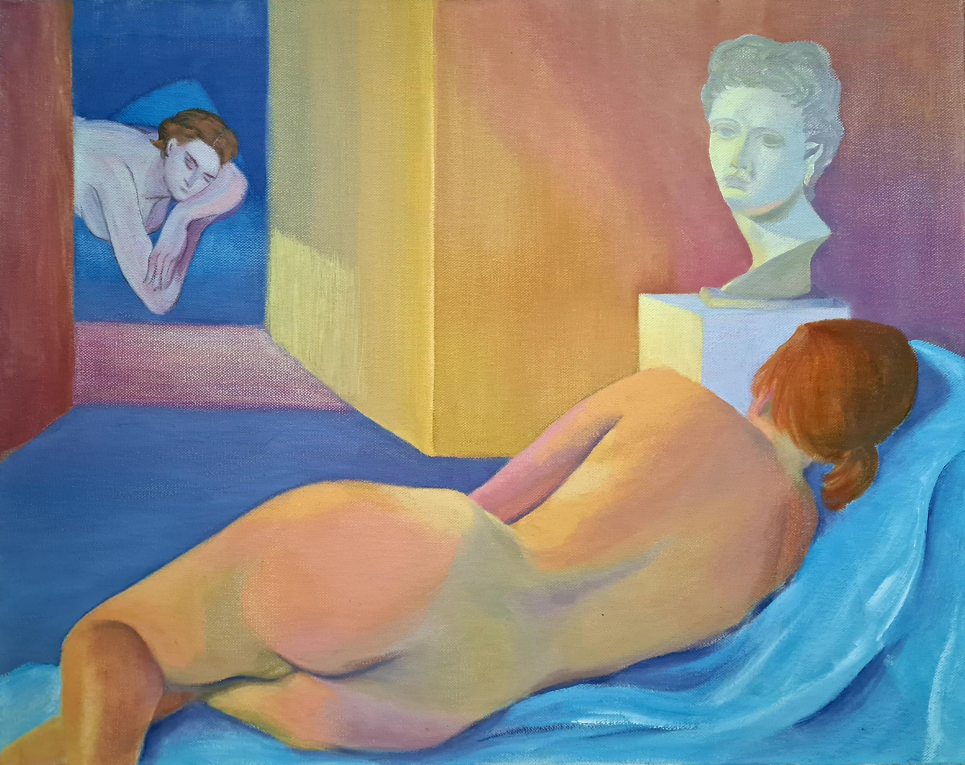 Surrealist Colourful Female Nude Painting, Oil on Canvas, After de Chirico