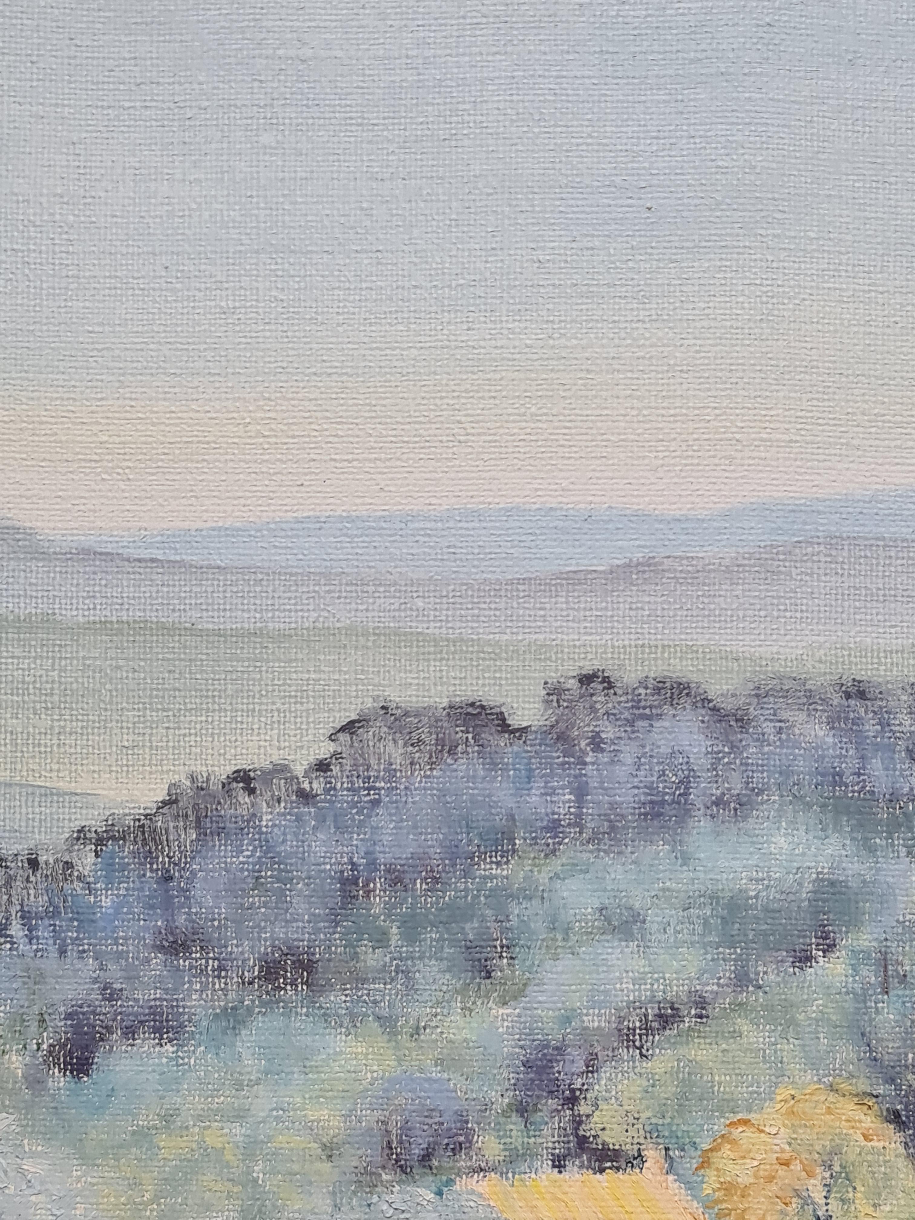 Late 20th Century oil on canvas view of a rural landscape by Franco British artist Isabell Pardoe. The painting is not signed but came directly from the artist's atelier.

Isabell Pardoe trained at the Slade school of Art in London and later settled