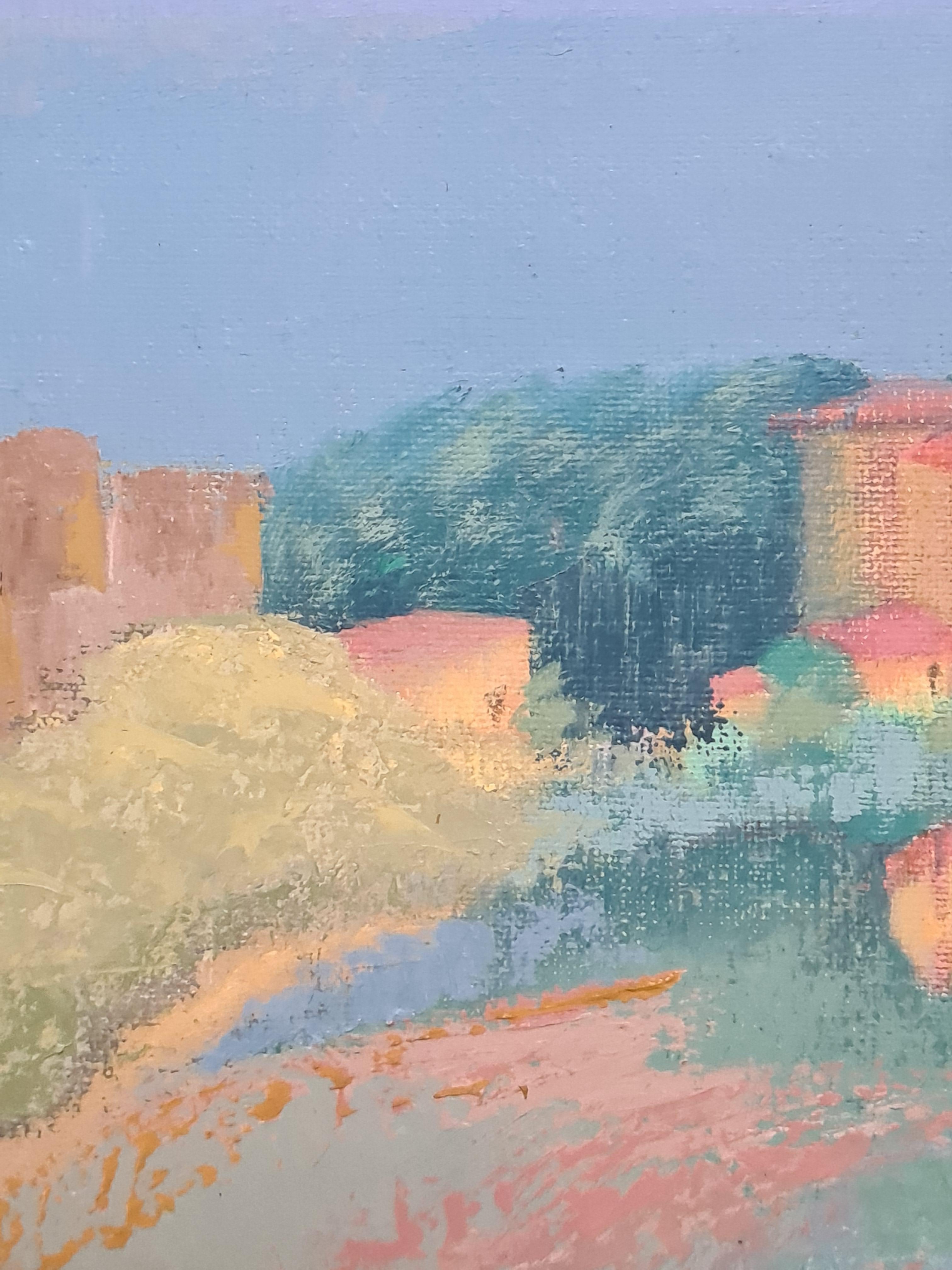 Vue sur la mer, paysage coloré du sud de la France - Bleu Landscape Painting par Isabelle Pardoe