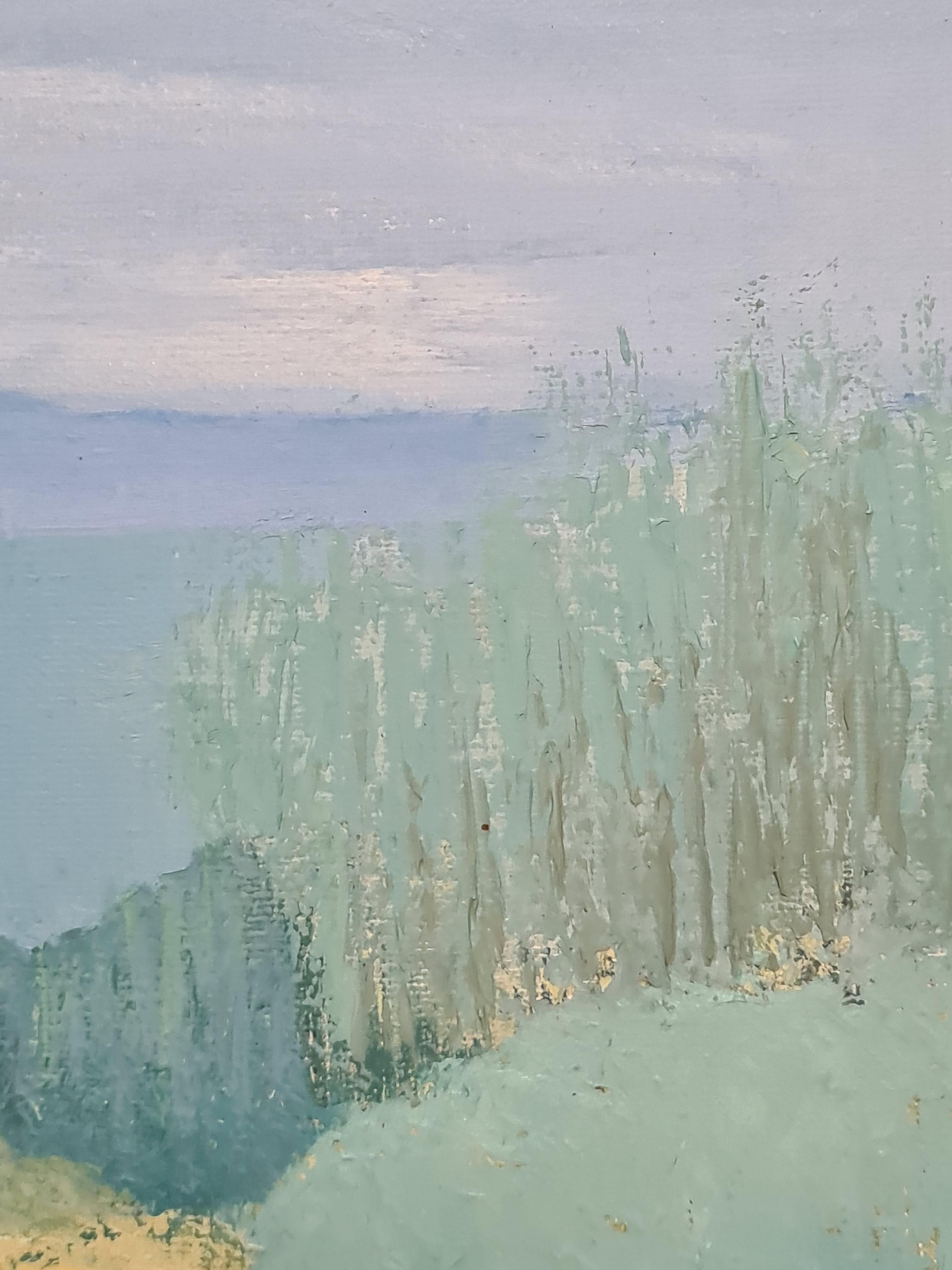 Huile sur toile de la fin du XXe siècle représentant un paysage rural jusqu'à la mer, par l'artiste franco-britannique Isabell Pardoe. Le tableau n'est pas signé mais provient directement de l'atelier de l'artiste.

Isabell Pardoe a été formée à la