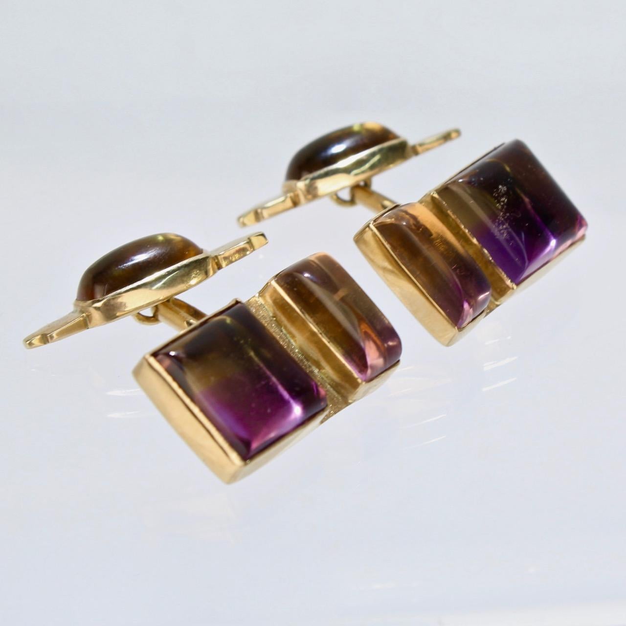 A very fine set of bezel set ametrine and gold cufflinks by Isabelle Posillico. 

These wonderful ametrine gemstones (amethyst to citrine) are set in a combination of 14k, 18K, and 22K gold and present as a truly striking pair of cufflinks. 