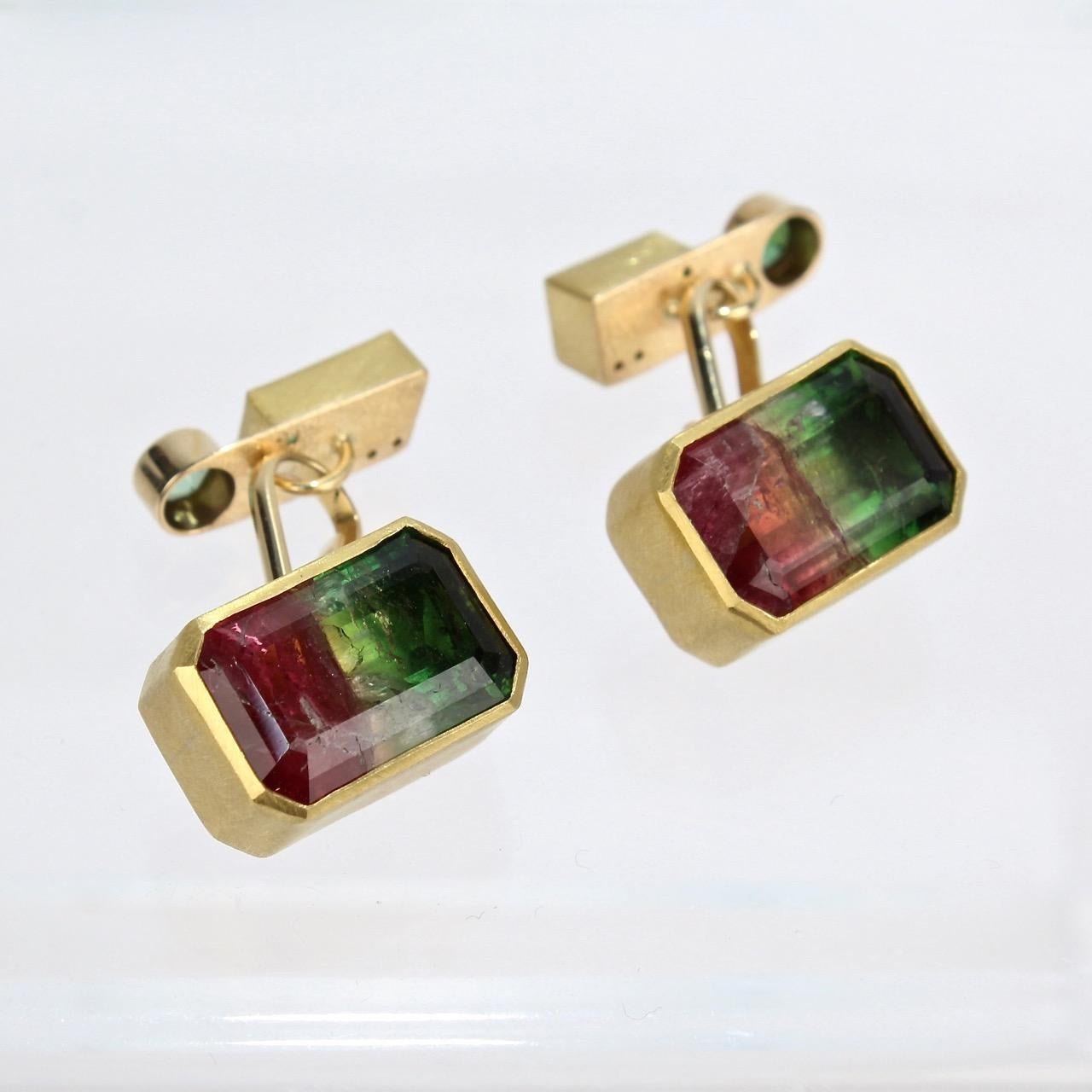 A very fine set of bezel set watermelon tourmaline and gold cufflinks by Isabelle Posillico.

These stunning watermelon tourmaline gemstones are set in a combination of 14k, 18K, and 22K gold and present as a truly striking pair of cufflinks. 

The