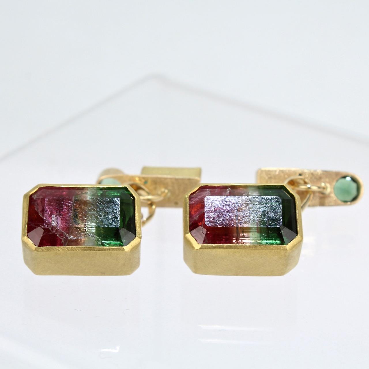 Isabelle Posillico Watermelon Tourmaline and Gold Cufflinks In Good Condition In Philadelphia, PA