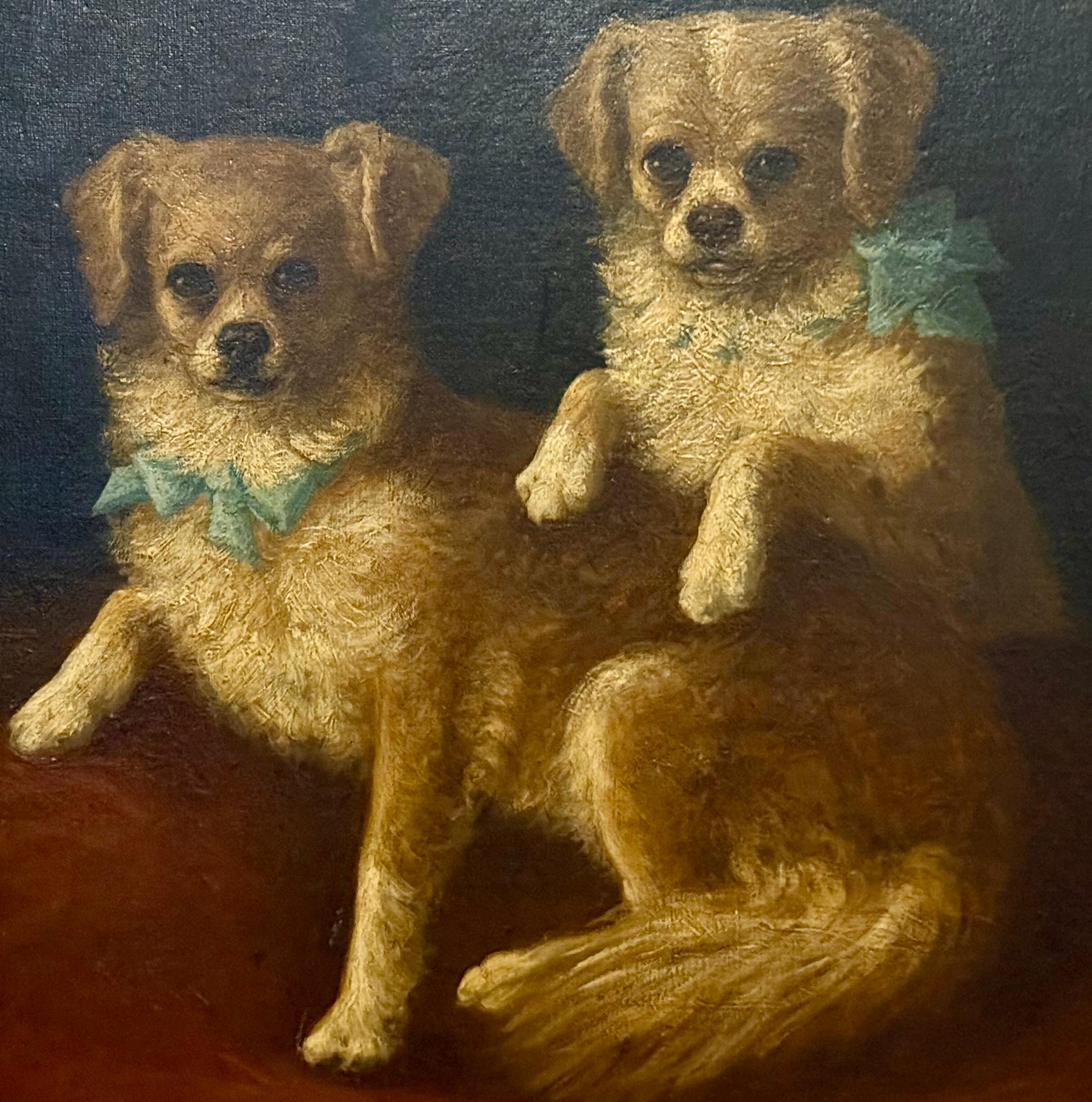 Toy Spaniel pets with Blue Bows, 19th century oil on canvas im Angebot 6