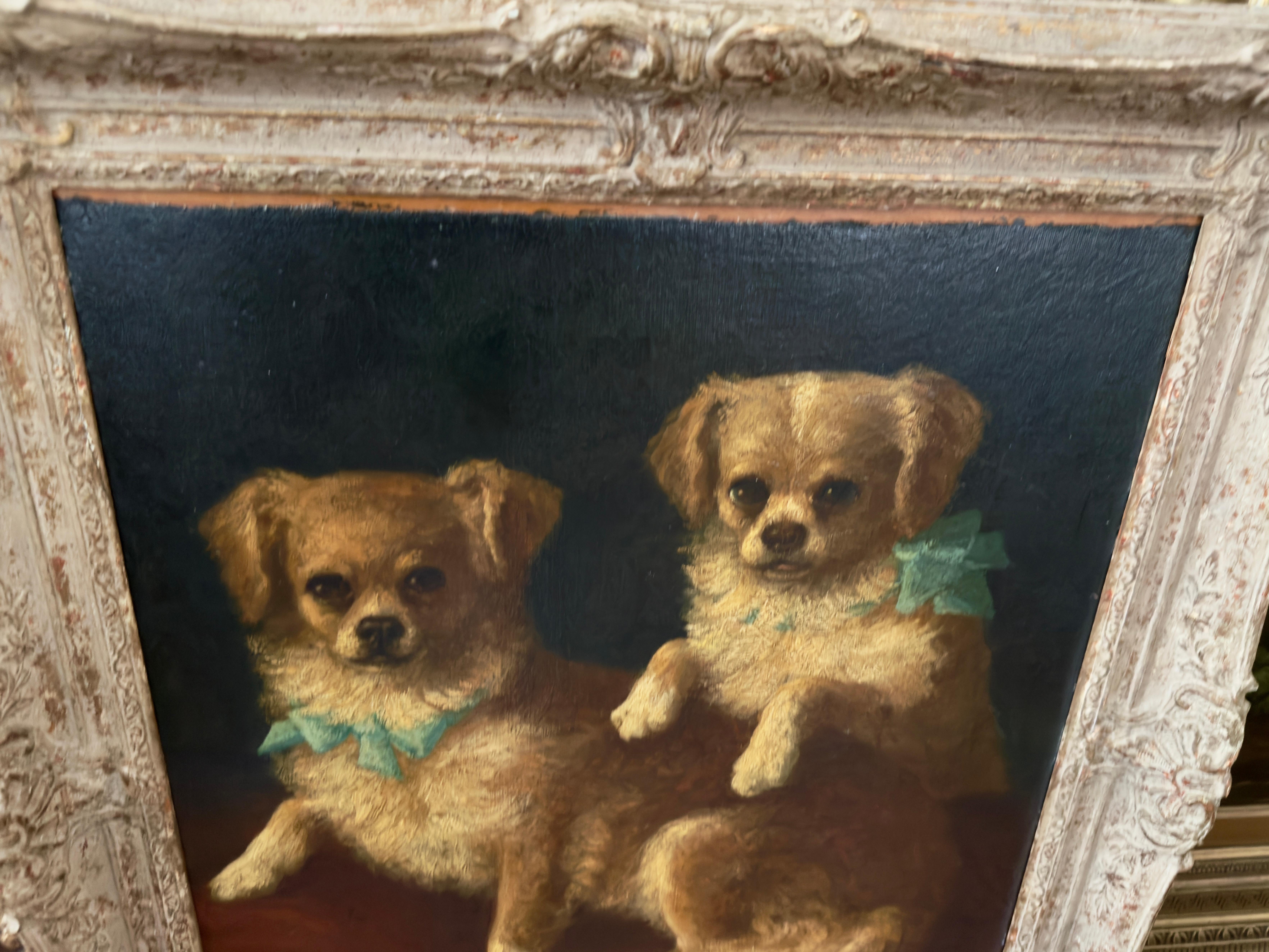 Toy Spaniel pets with Blue Bows, 19th century oil on canvas – Painting von Isabelle Venat