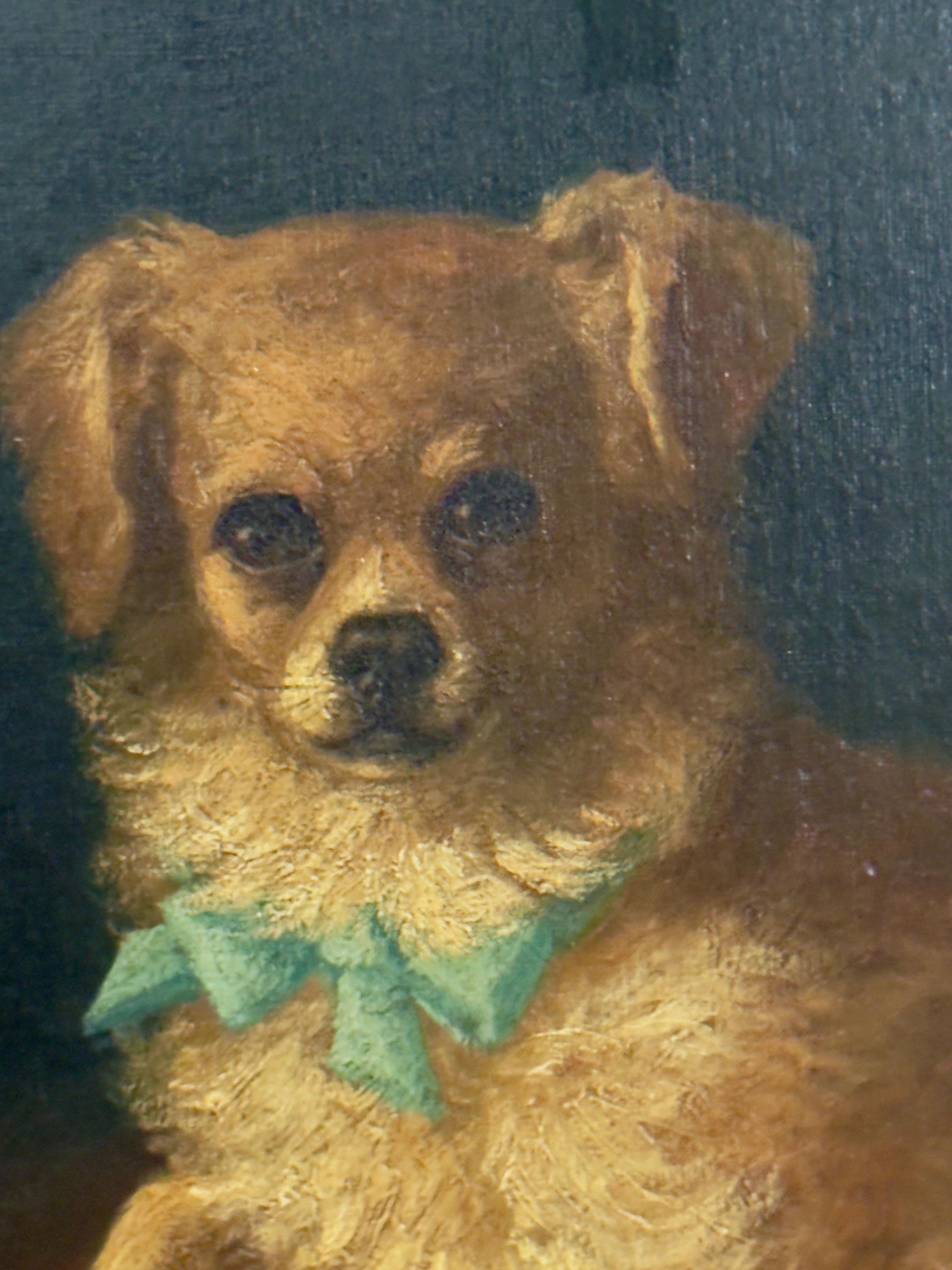 Toy Spaniel pets with Blue Bows, 19th century oil on canvas (Braun), Animal Painting, von Isabelle Venat