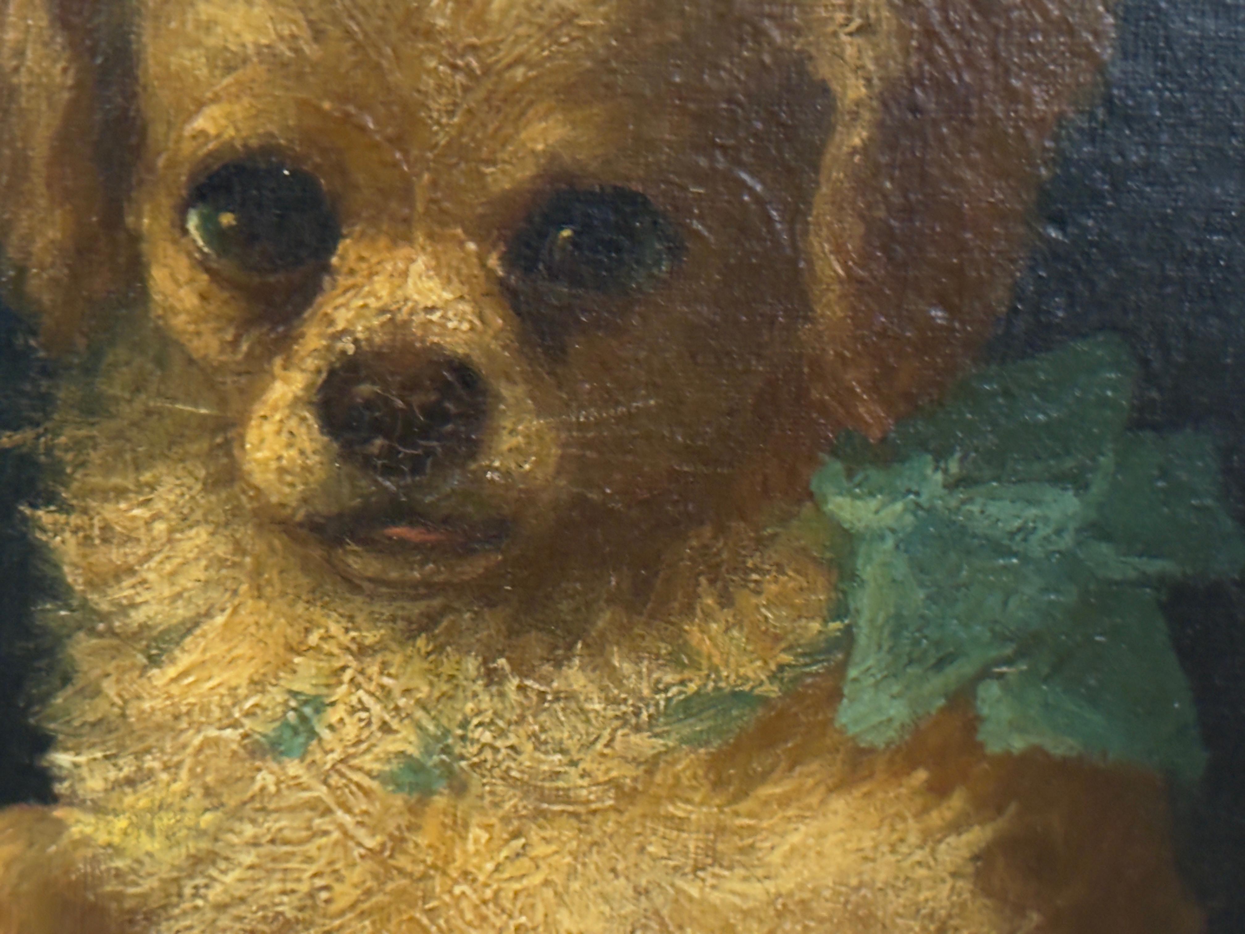 Porträt von zwei Haustieren mit blauen Schleifen, diese viktorianischen Welpen aus dem 19. Jahrhundert blicken mit seelenvollen Augen direkt aus der Leinwand heraus. Diese beiden sind französisch und wurden von der Tierporträtistin Isabelle Venat