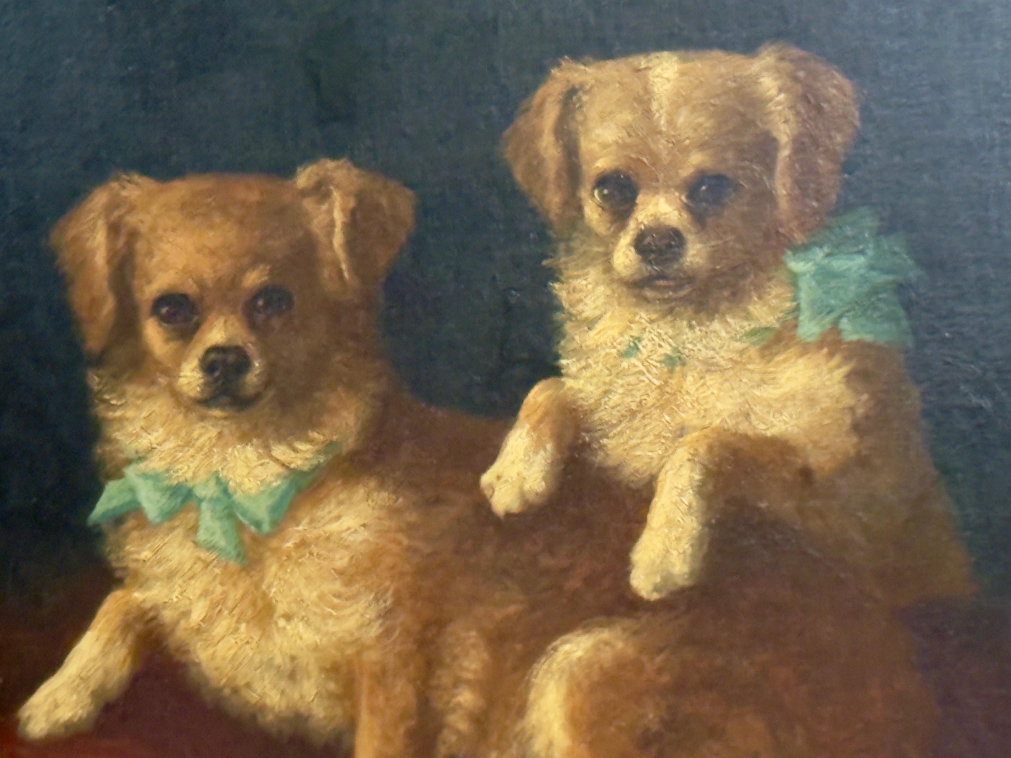 Toy Spaniel pets with Blue Bows, 19th century oil on canvas im Angebot 4