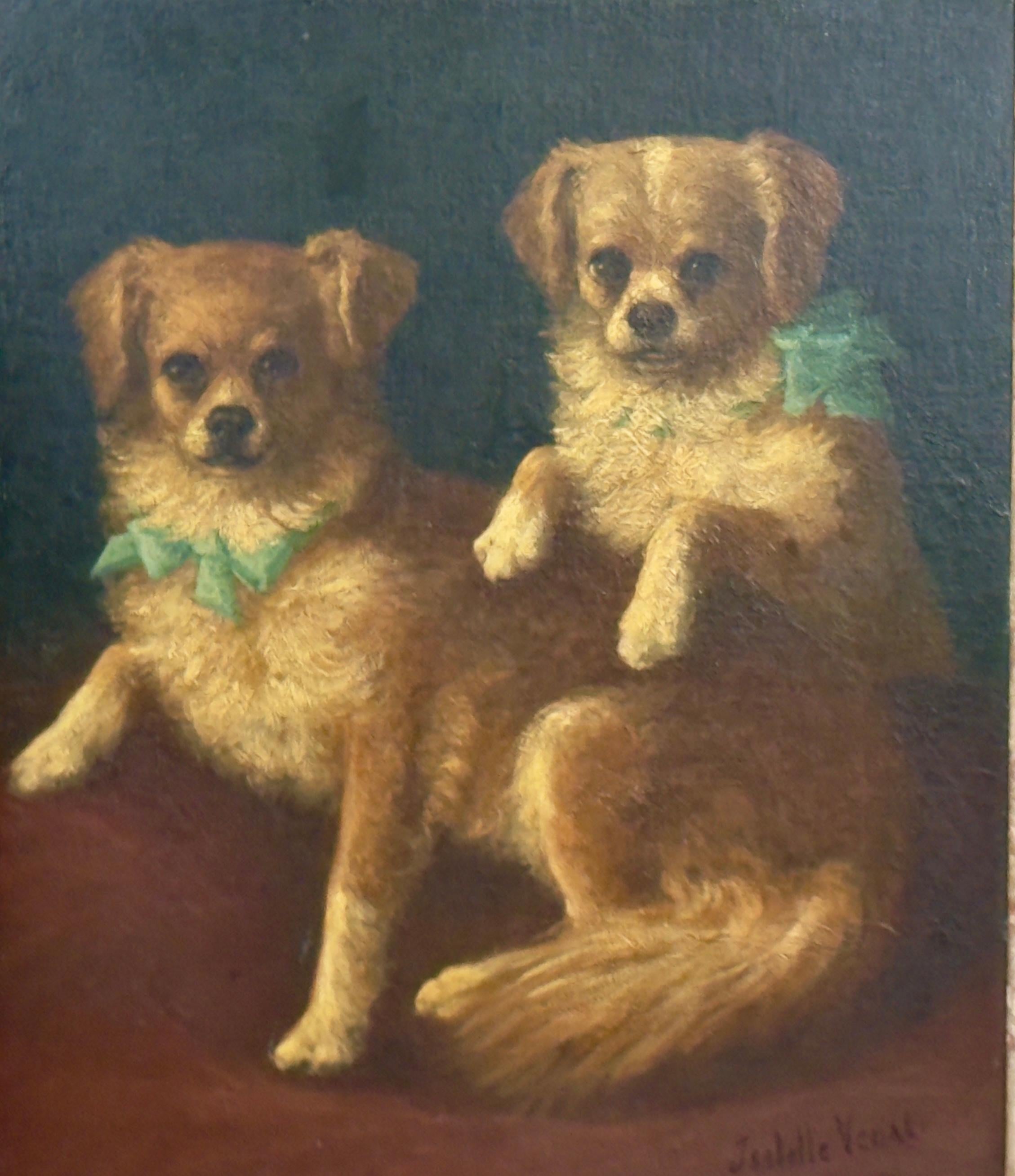 Isabelle Venat Animal Painting – Toy Spaniel pets with Blue Bows, 19th century oil on canvas