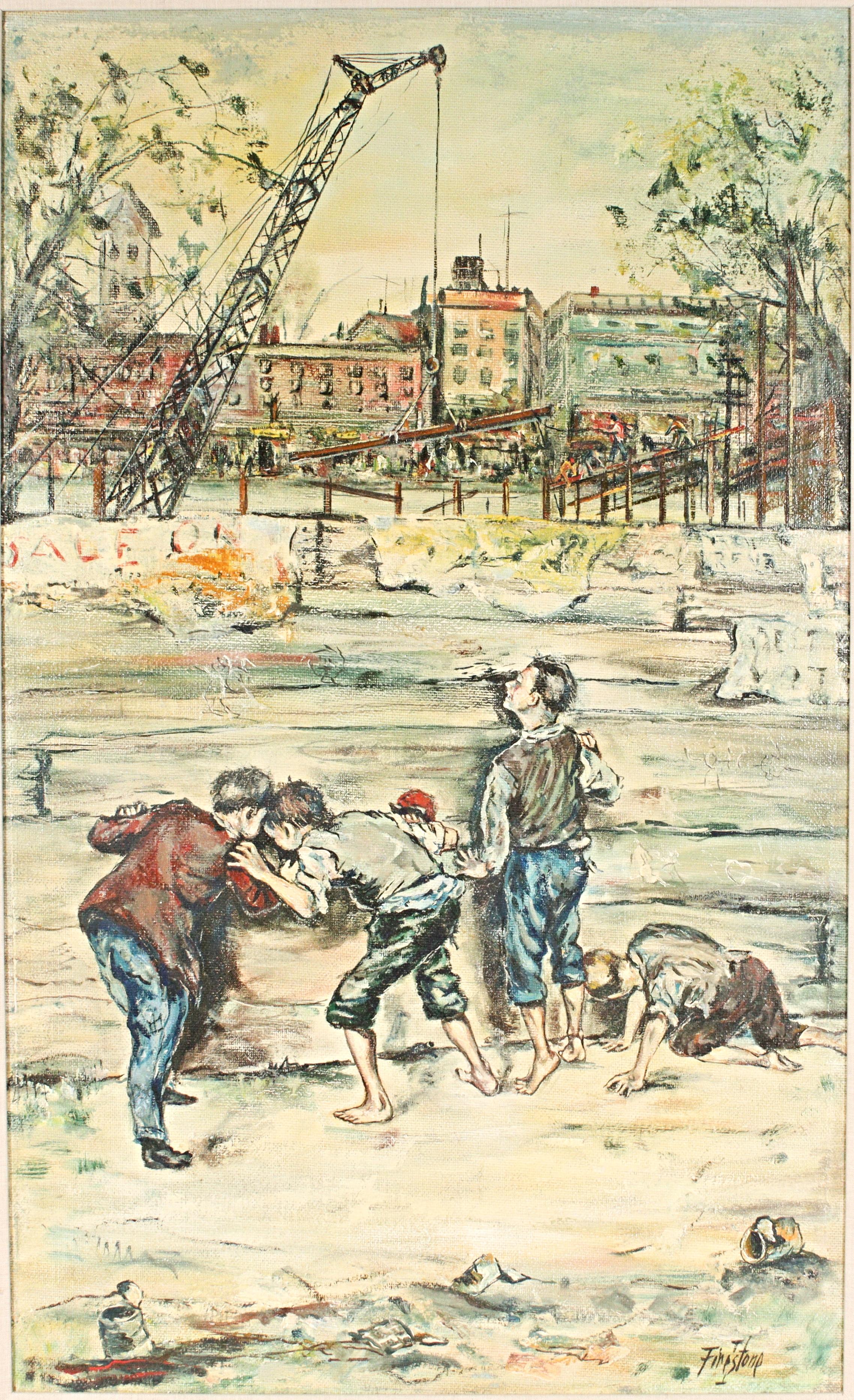 Boys Playing, city scene with construction crane in background For Sale 6